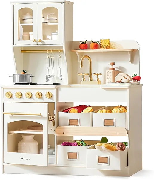 Tiny Land Play Kitchen for Kids, Wooden Toy Kitchen Set with Storage & Accessories, Toddler Kitchen Playset with Stove & Sink, Kids Kitchen Playset Gift for Ages 3-8 White