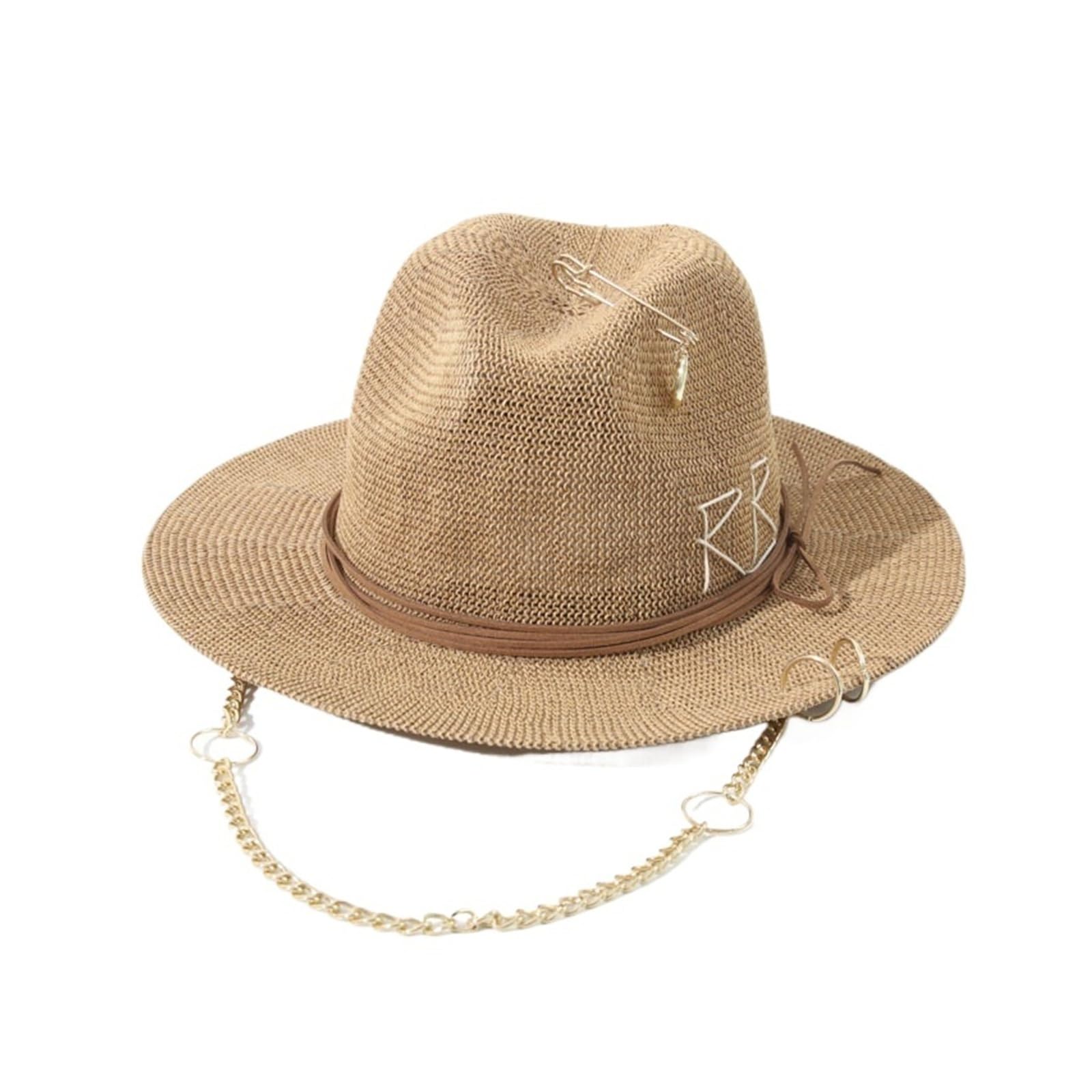 Cappello di Paglia con Logo Ricamato con Guscio in Metallo, Cappello da Sole in Stile Spagnolo per Spiaggia, Vacanze e Protezione Solare