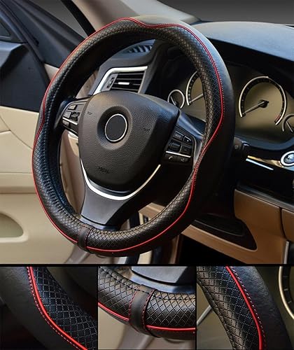 Miniatura 2 de Protector de volante Yunanwa Universal de 15pulgadas de cuero auténtico reforzado duradero con diseño deportivo de ola Negro  rojo