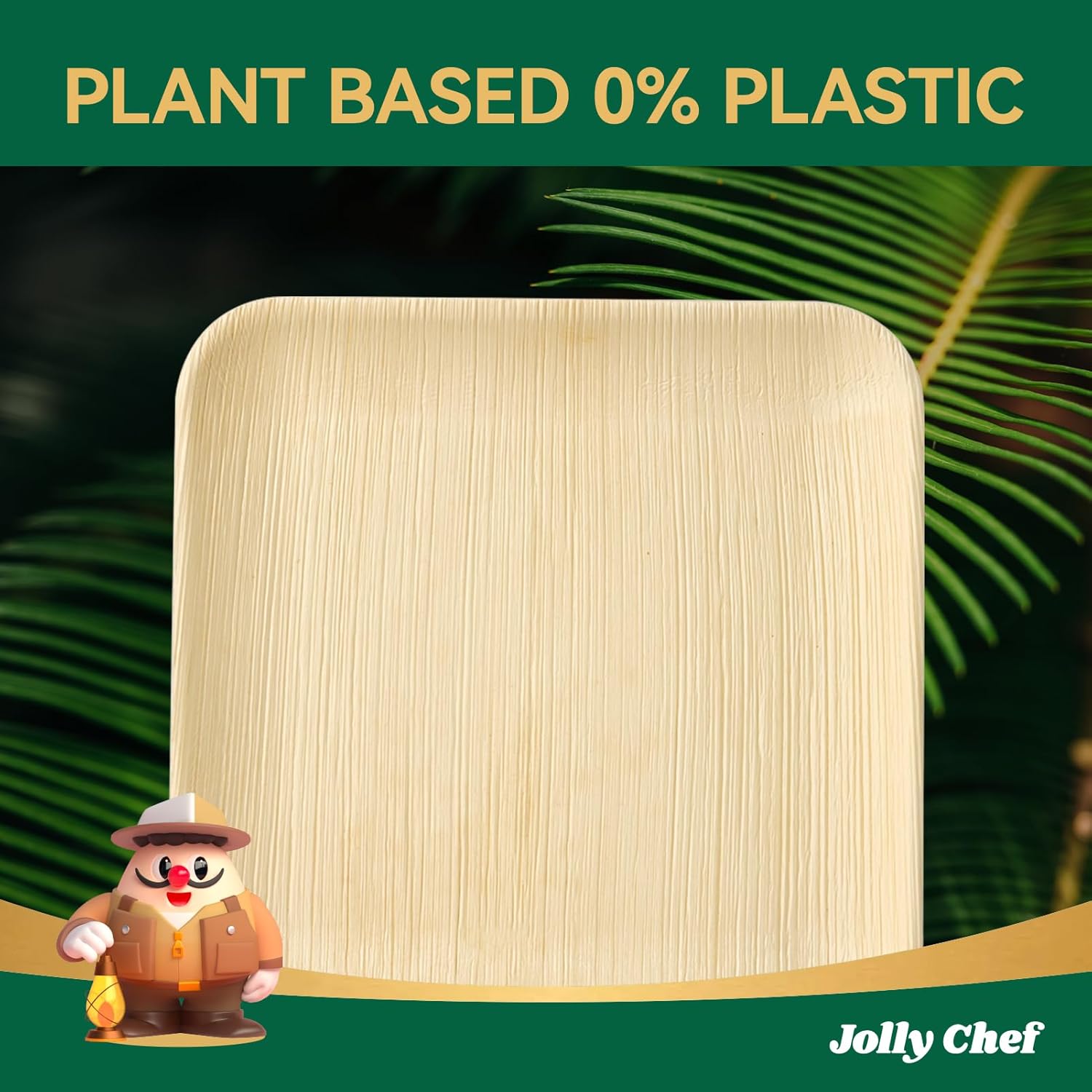 JOLLY CHEF Palm Leaf Plates, 50 Pack 8 Inch Bulk Disposable Like Bamboo Square Plates, Party Compostable Ideal for Dinner, Wedding, Party
