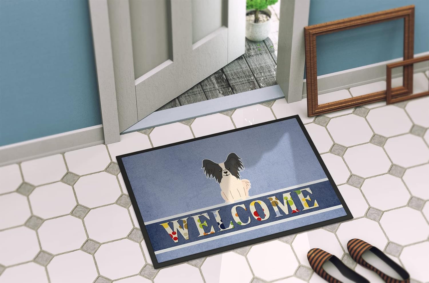 Caroline's Treasures BB5657MAT Papillon Black White Welcome Doormat 18x27 Front Door Mat Indoor Outdoor Rugs for Entryway, Non Slip Washable Low Pile, 18H X 27W