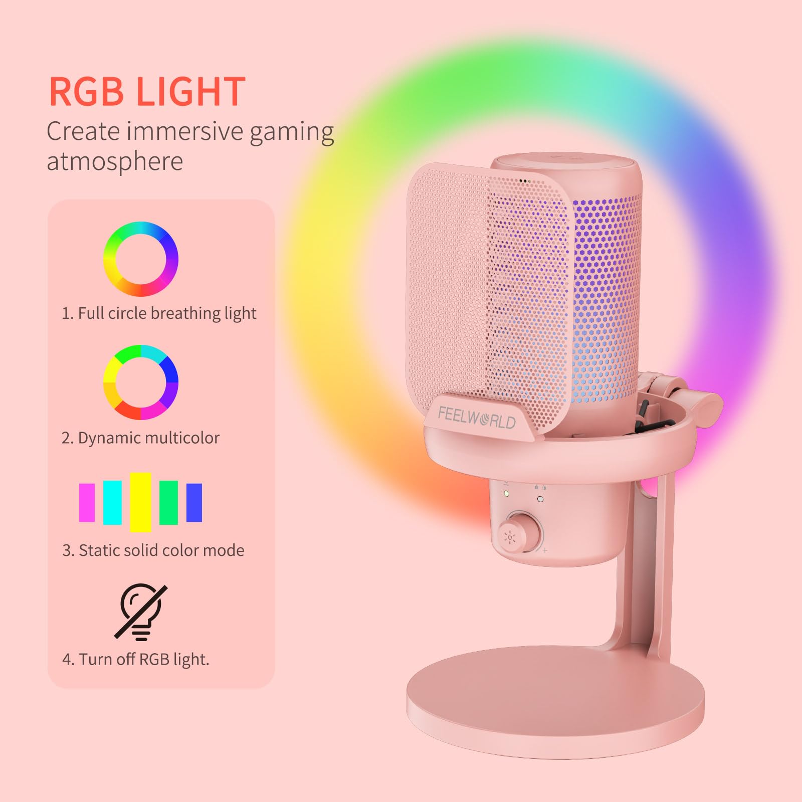 FEELWORLD VM1 Rosa Gaming PC USB Microfono a condensatore con cancellazione del rumore Mute RGB Light, Accessori per computer per Gamer YouTube Twitch Podcast Streaming Registrazione Online Chat