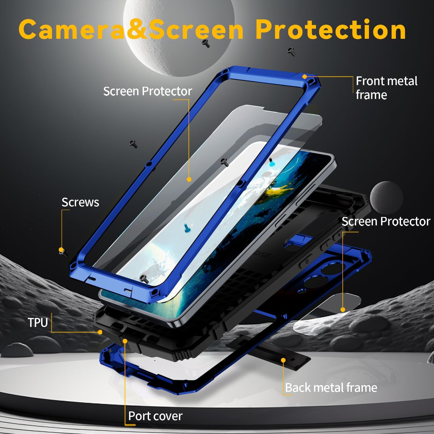 Compatible with Samsung Galaxy S25 FE Metal Case, Military Grade Heavy Duty Aluminum Rugged Cover with Screen Protector Stand Camera Control Shockproof Dustproof Full Body Protection (Blue)