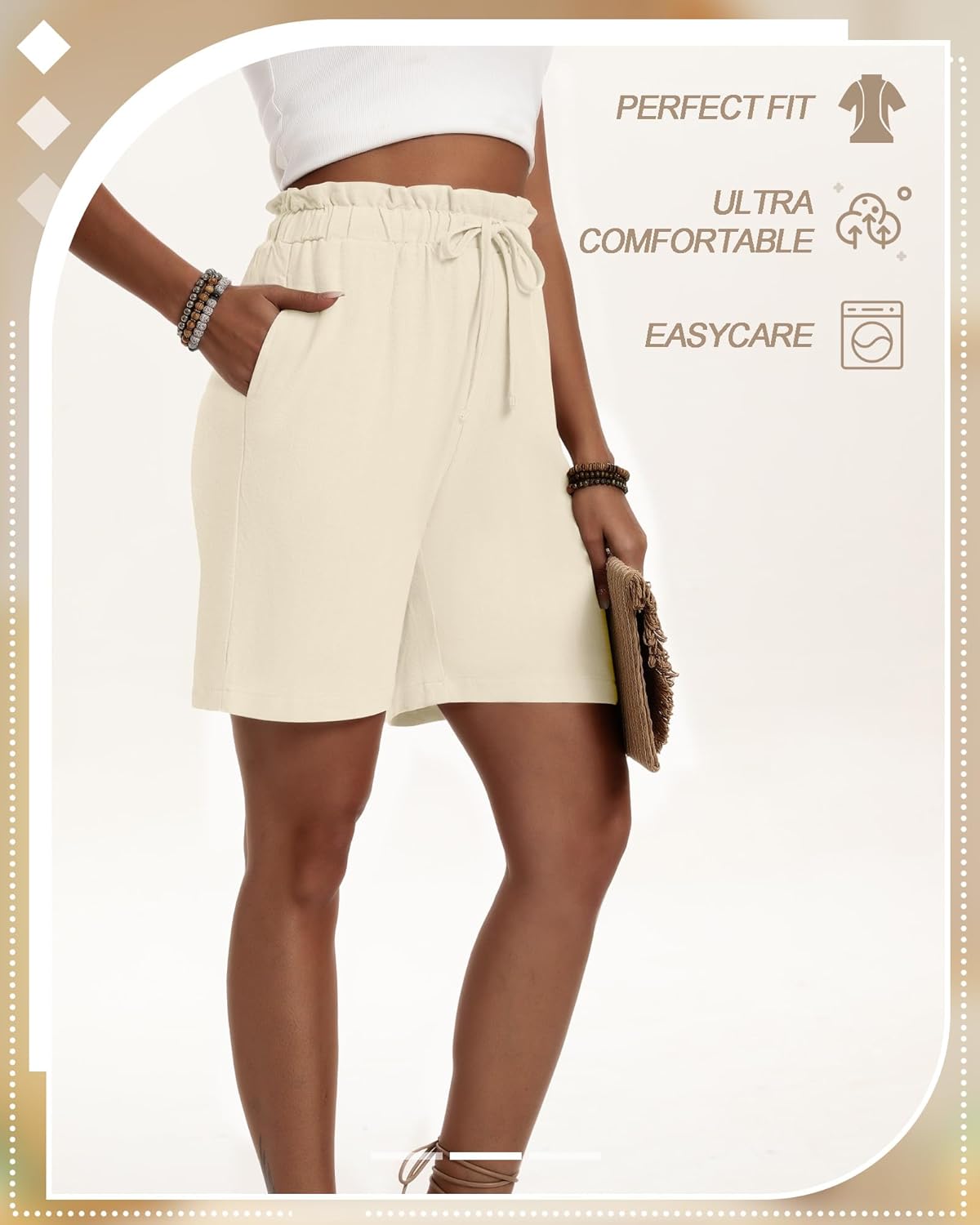 Neer 3 Pack Women's Linen Bermuda Shorts Summer Wide Leg Casual High Waist Drawstring Mid Length Shorts with Pockets - Image 7