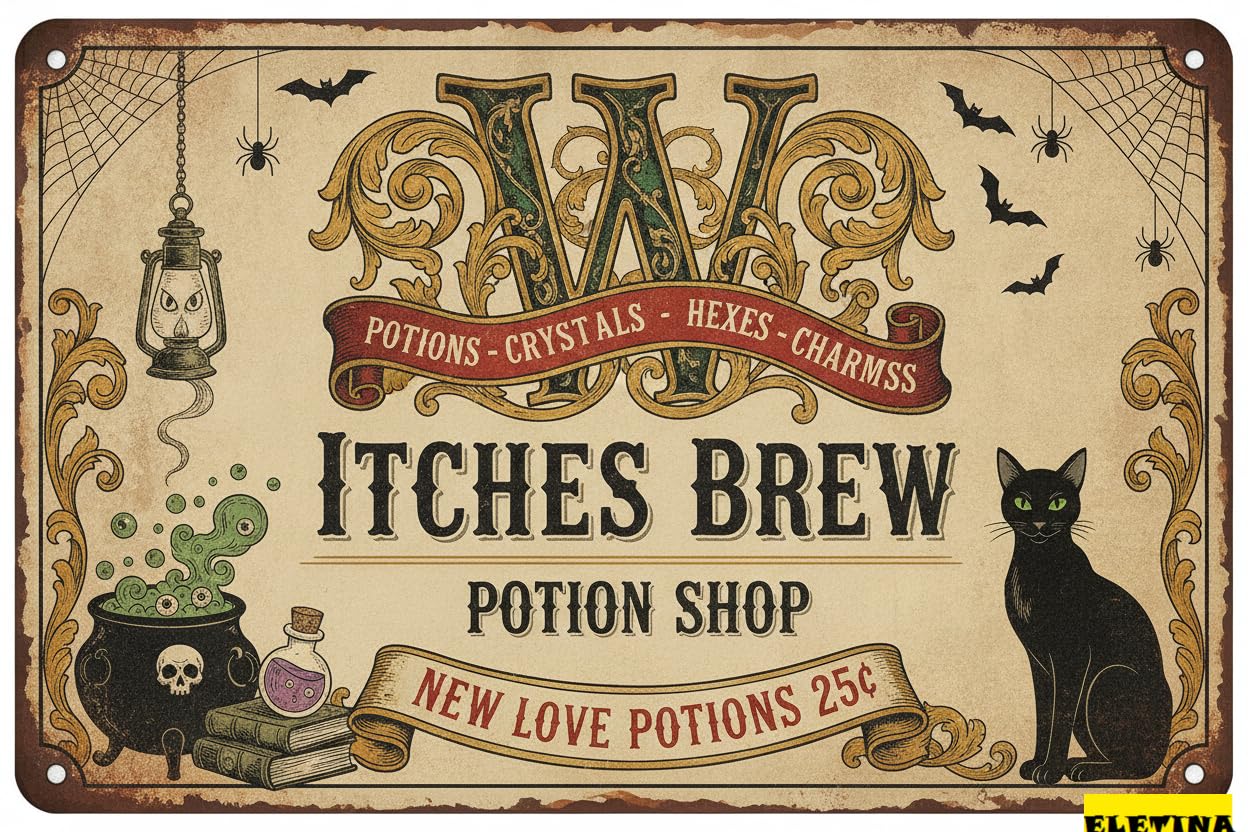 Witches Brew Potion Shop Vintage Tin Sign Gothic Witch Halloween Decor Porch Pubs Cafe Garage Party 8x12in