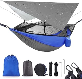 Camping Hammock with Mosquito Net & Rain Fly Tent Tarp & Tree Straps Portable Strong Nylon Hammock Tent w/Storage Bag for Camping Hiking Backyard Outdoor Backpacking Travel