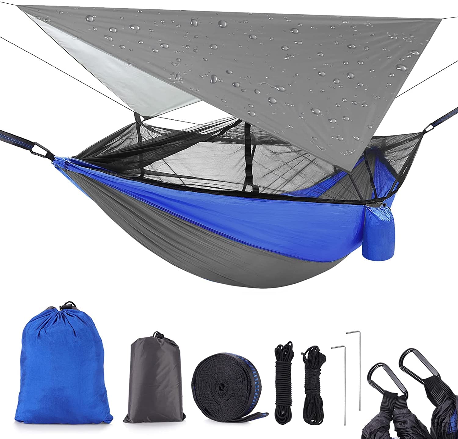 Amaca da campeggio con zanzariera, telo antipioggia e cinghie per alberi, portatile, in nylon resistente, con borsa per il trasporto, per campeggio, escursionismo, cortile, viaggi all'aperto (blu)