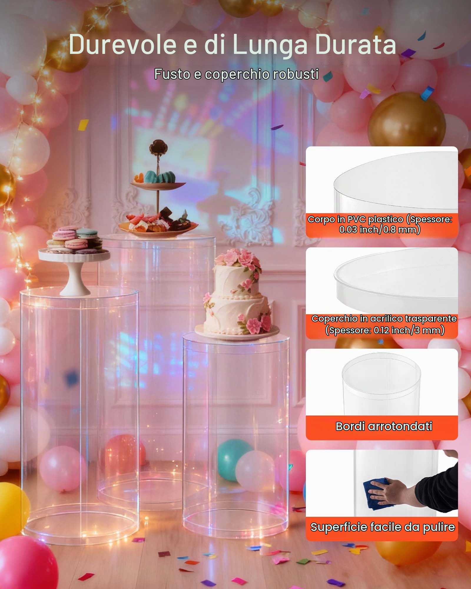 VEVOR Supporto per Fiori da Matrimonio, Zoccolo Cilindrico Rotondo, Supporto Trasparente con Coperchio in Acrilico Trasparente, 3 Pezzi da 60, 75, 90 cm, Supporti Cilindrici per Matrimoni, Feste