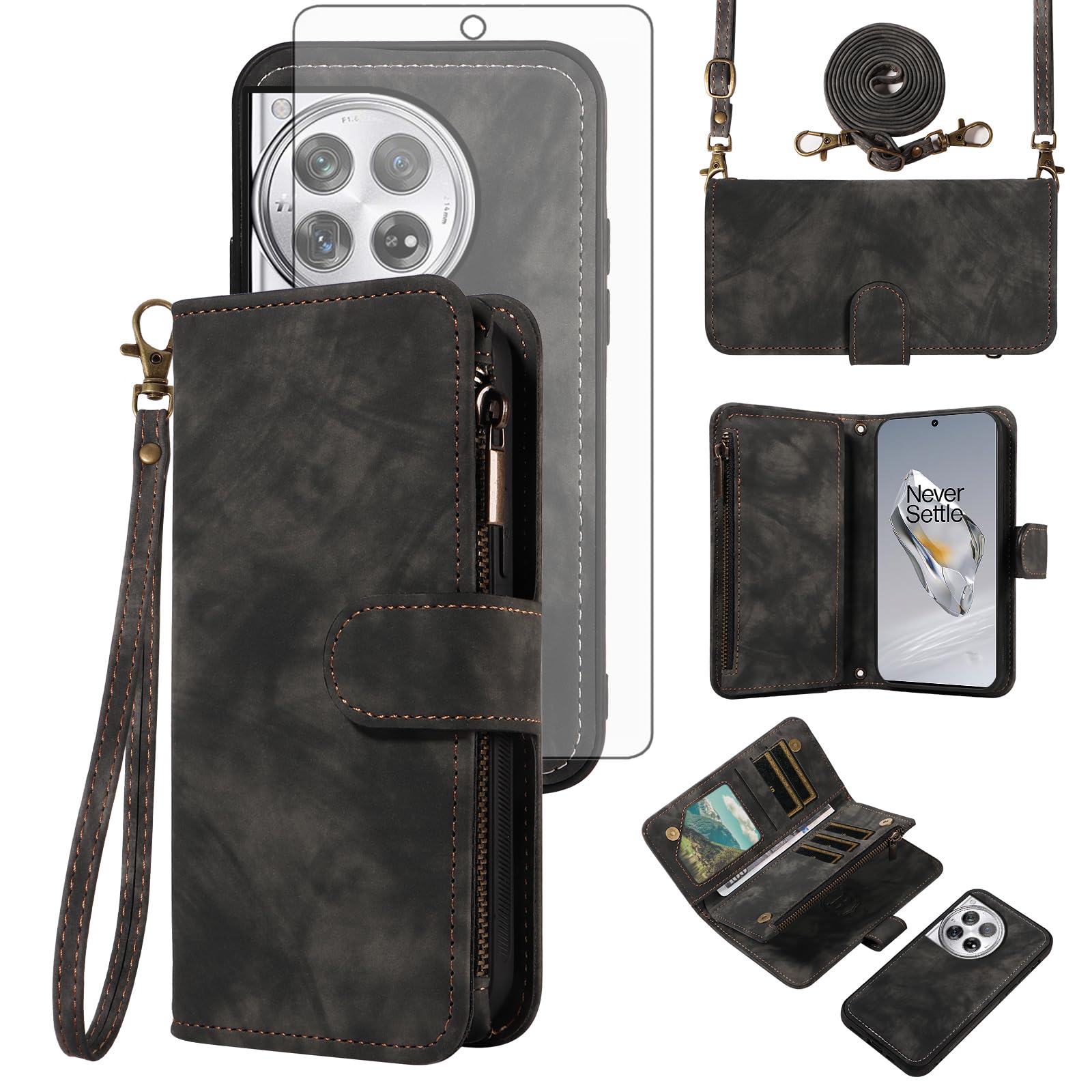 Asuwish Funda de teléfono para OnePlus 12 5G con cierre magnético, protector de pantalla de vidrio templado, correa cruzada, tarjetero de crédito, monedero One+ 1plus12 2024, para mujeres y niñas,