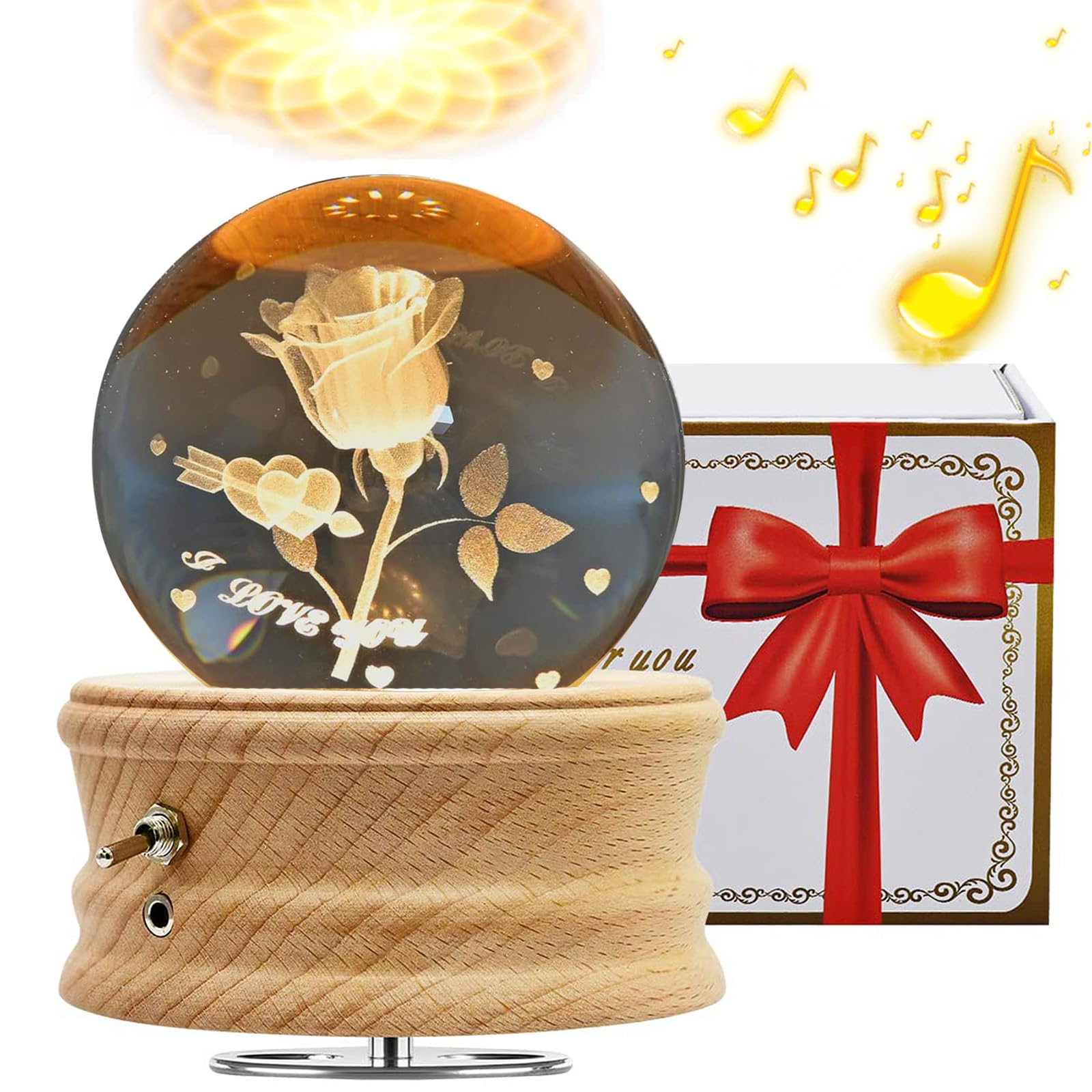 Boîte à Musique Boule de Cristal 3D, Boîte à Musique Rotative Éclairée à 360° avec Projection de Lumière et Support en Bois, Cadeau pour Enfants, Femme et Mère(Rose)
