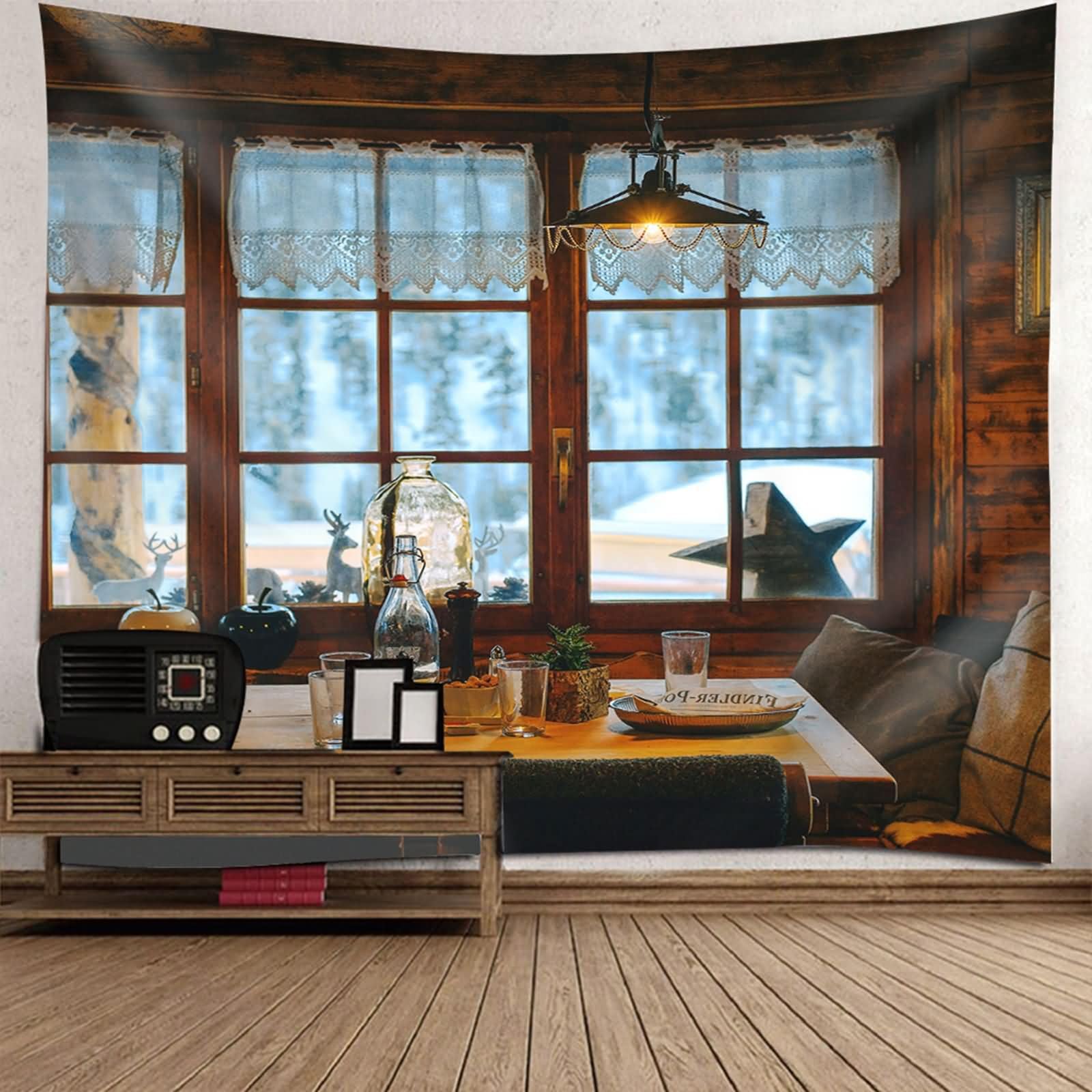 Homxi Wandteppich Wandbehänge 260 W x 240 H CM, Café Landschaft, Polyester Tapestry, Braun