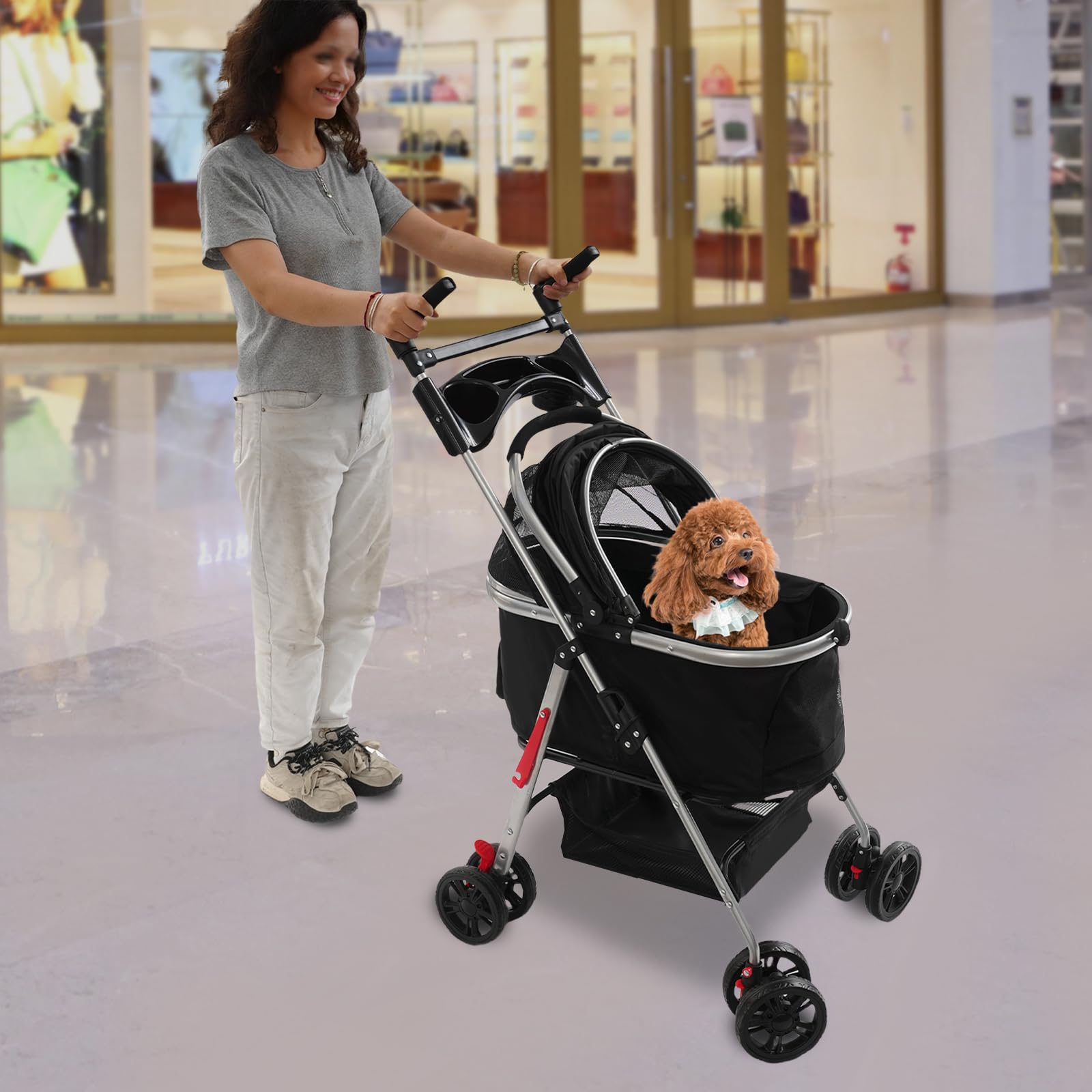 Cochecito para perros plegable, carrito para perros con ruedas universales, para gatos y perros pequeños, 50 x 60 cm (negro)