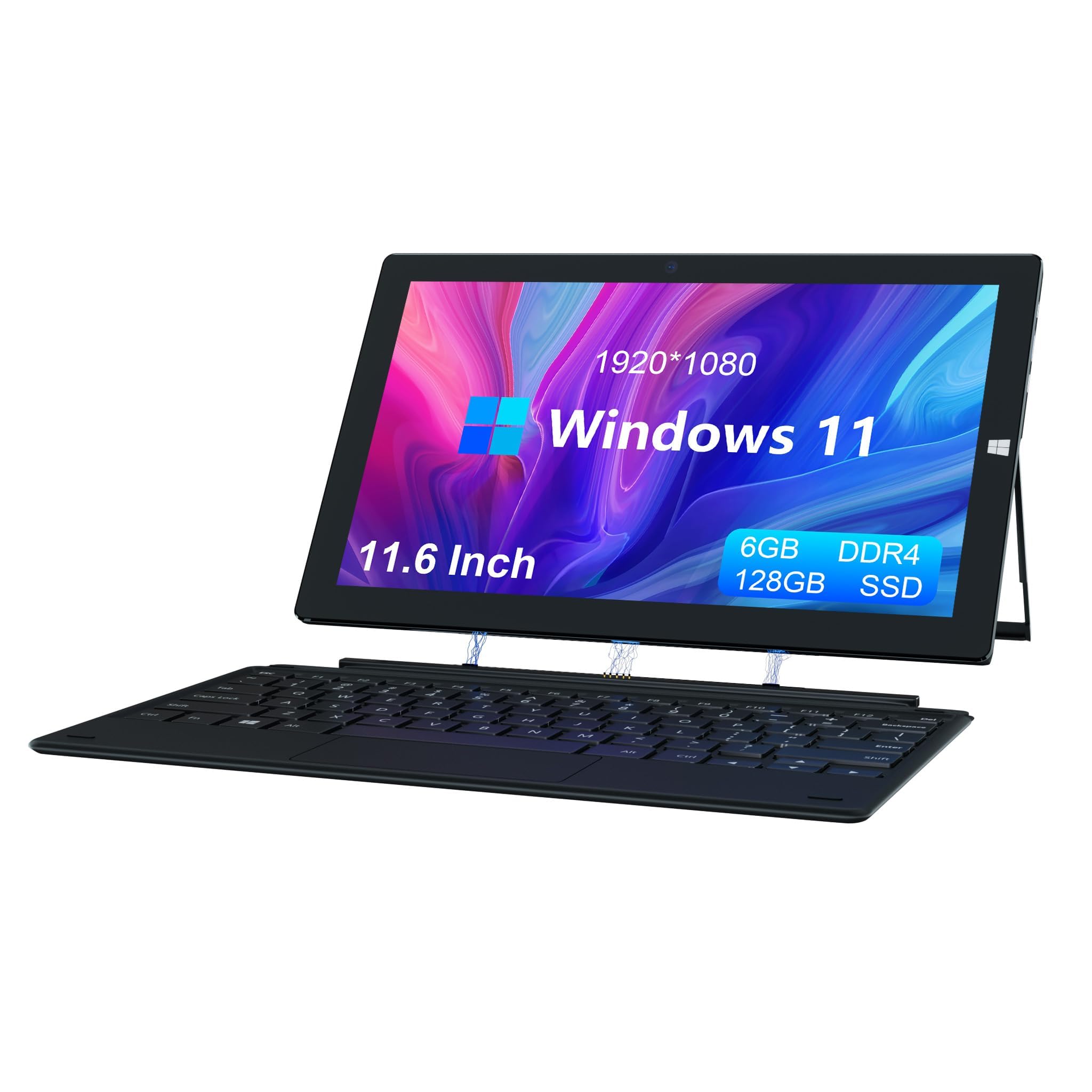 11.6” Windows Laptop, 6+128GB Windows 10 Home Tablet PC, 2 in 1 Laptop with Touchscreen, 1920x1080 FHD Large Screen Tablet Computer Comes with a Bracket and Keyboard, Powerful 5000mAh-Black