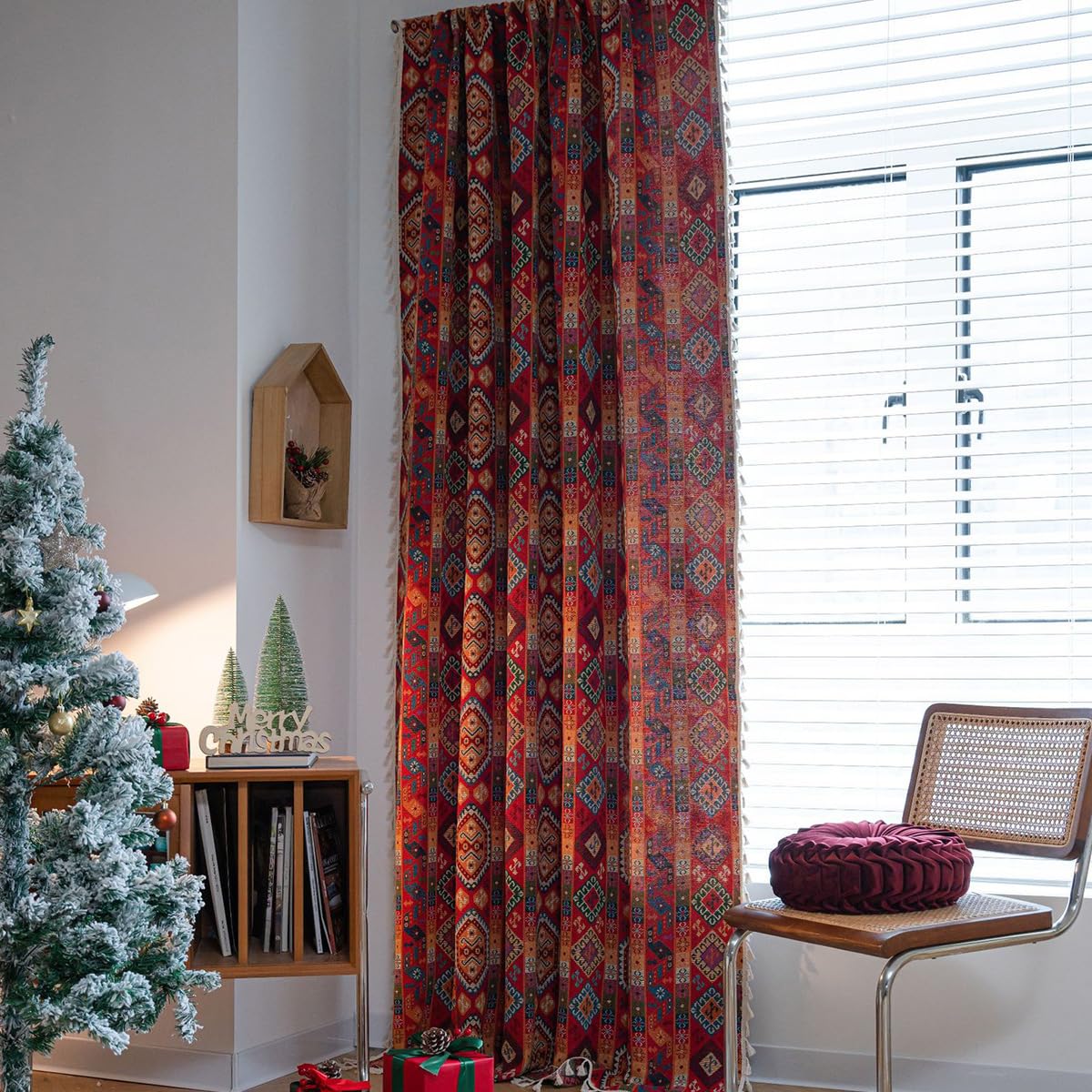 Bohemian Gardinen Vintage Boho Vorhang Blickdicht Leinenoptik Baumwolle Ethno Rot Geometrisch Vorhänge mit Quaste Rod Pocket für Wohnzimmer Schlafzimmer 1 Stück B150×H240cm