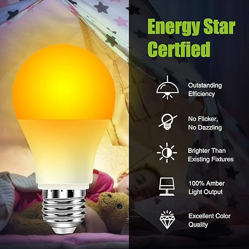 Miniatura 5 de Neporal Bombillas ámbar de 9 W, bombillas suaves y cálidas para dormir equivalentes a 60 W, bombillas de luz azul ámbar de 1800 K, bombilla para