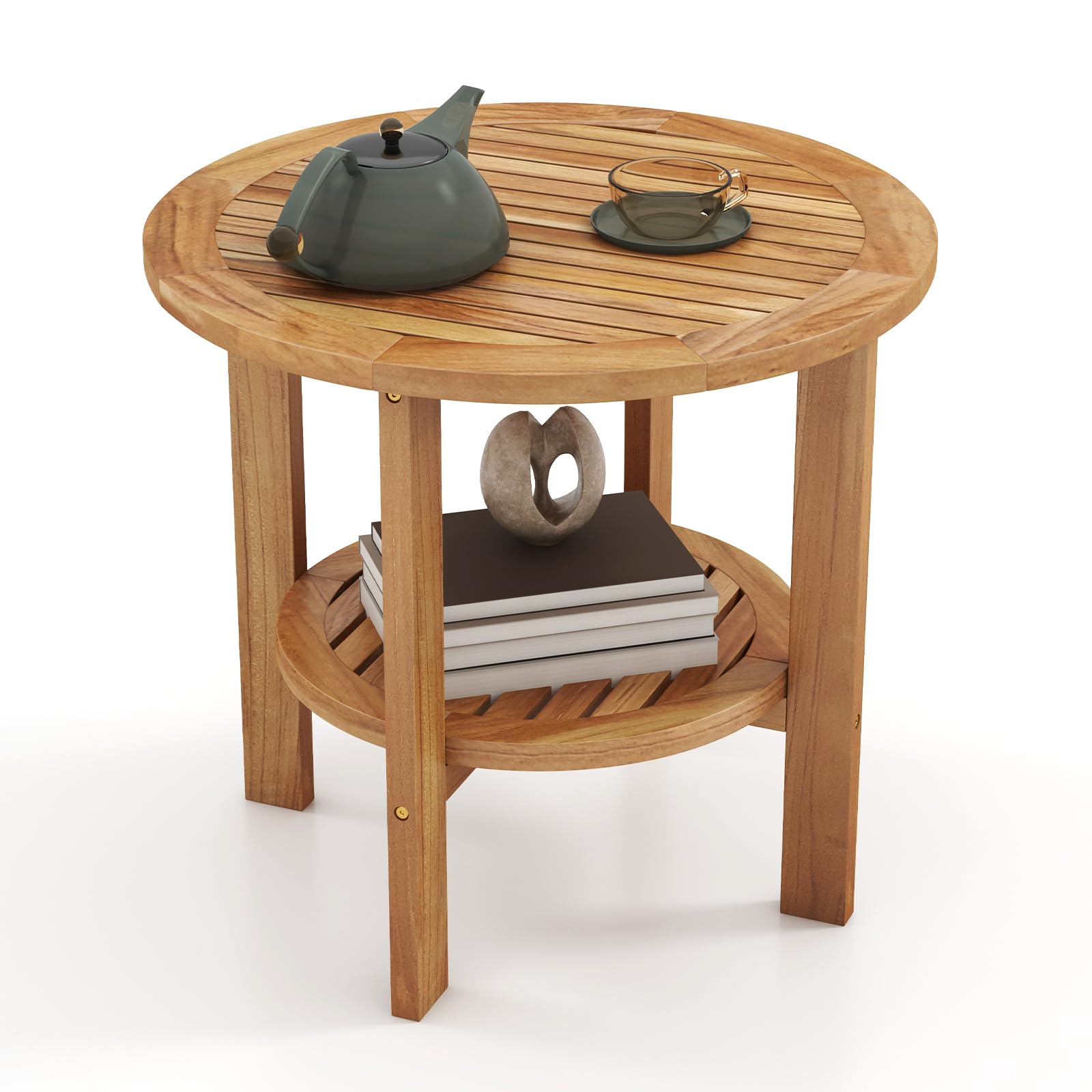Giantex Teak Wood Outdoor Side Table - 19.5" Small Patio Coffee Table with Slatted Top, Open Shelf, Easy Assembly, 2-Tier Adirondack Table, Round End