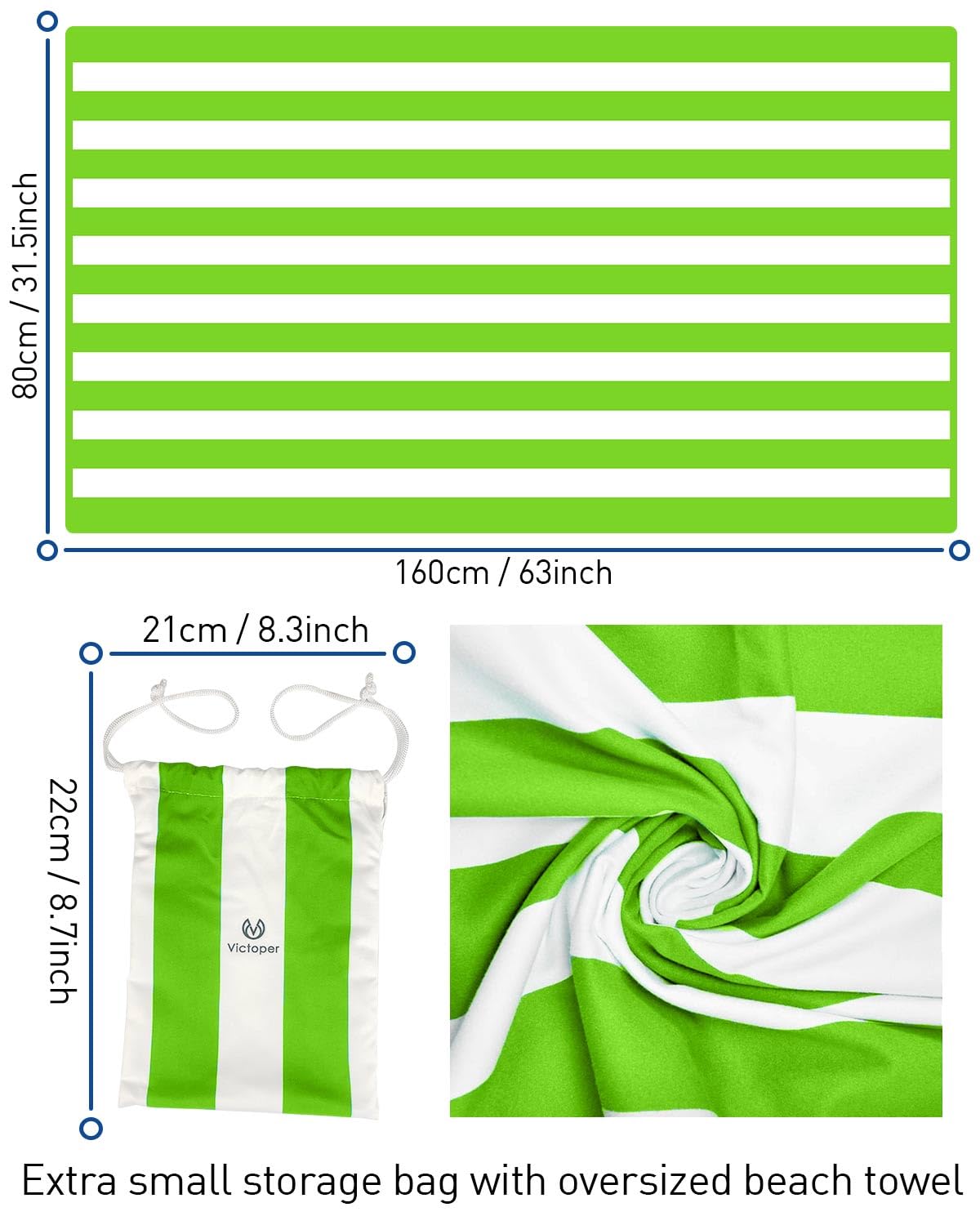 Microfiber Beach Towel Oversized Rapid Drying Sand Free Soft Compact Lightweight Qualities Beach Towels for Adults Ideal for Swimming Beach Yoga Camping Gym Carry Bag Mint Green Stripes 63x32 Inch - Image 2