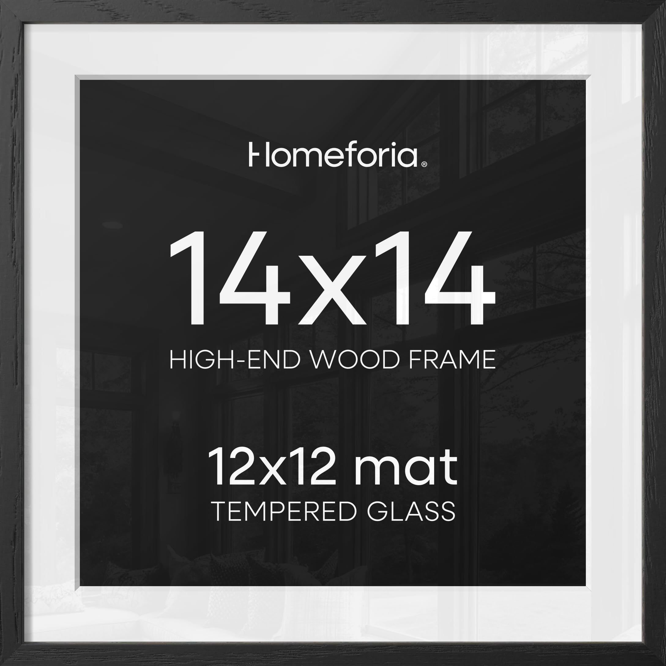Homeforia 14x14 Black Oak Picture Frame, High-End Wood, 12x12 Mat, Glass | High End Solid Oak Wood, Tempered Glass, Acid-Free 12x12 Removable Mat, 14x14 Edge-to-Edge Display 14x14, Wall Kit, Set Of 1