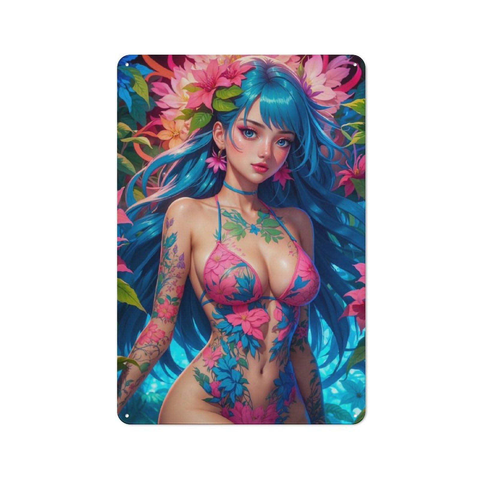 Junmoney Girls Manga Flower Tin Sign 30X20cm For Café Or Home Bar, Retro Wall Decor, For Garage, Workshop And Man Cave Decoration