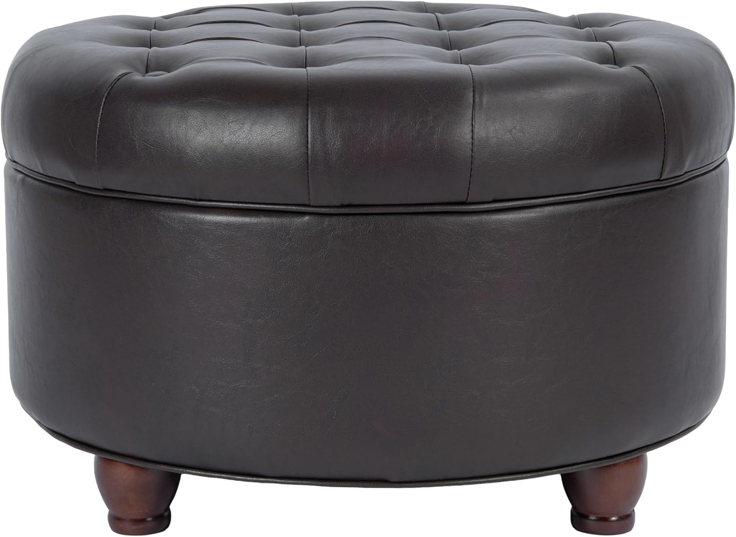 HomePop Distressed Brown Faux Leather Round Storage Ottoman - Button Tufted, Wood Legs for Living Room & Bedroom