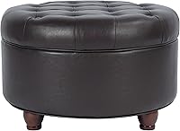 HomePop Distressed Brown Faux Leather Round Storage Ottoman - Button Tufted, Wood Legs for Living Room & Bedroom