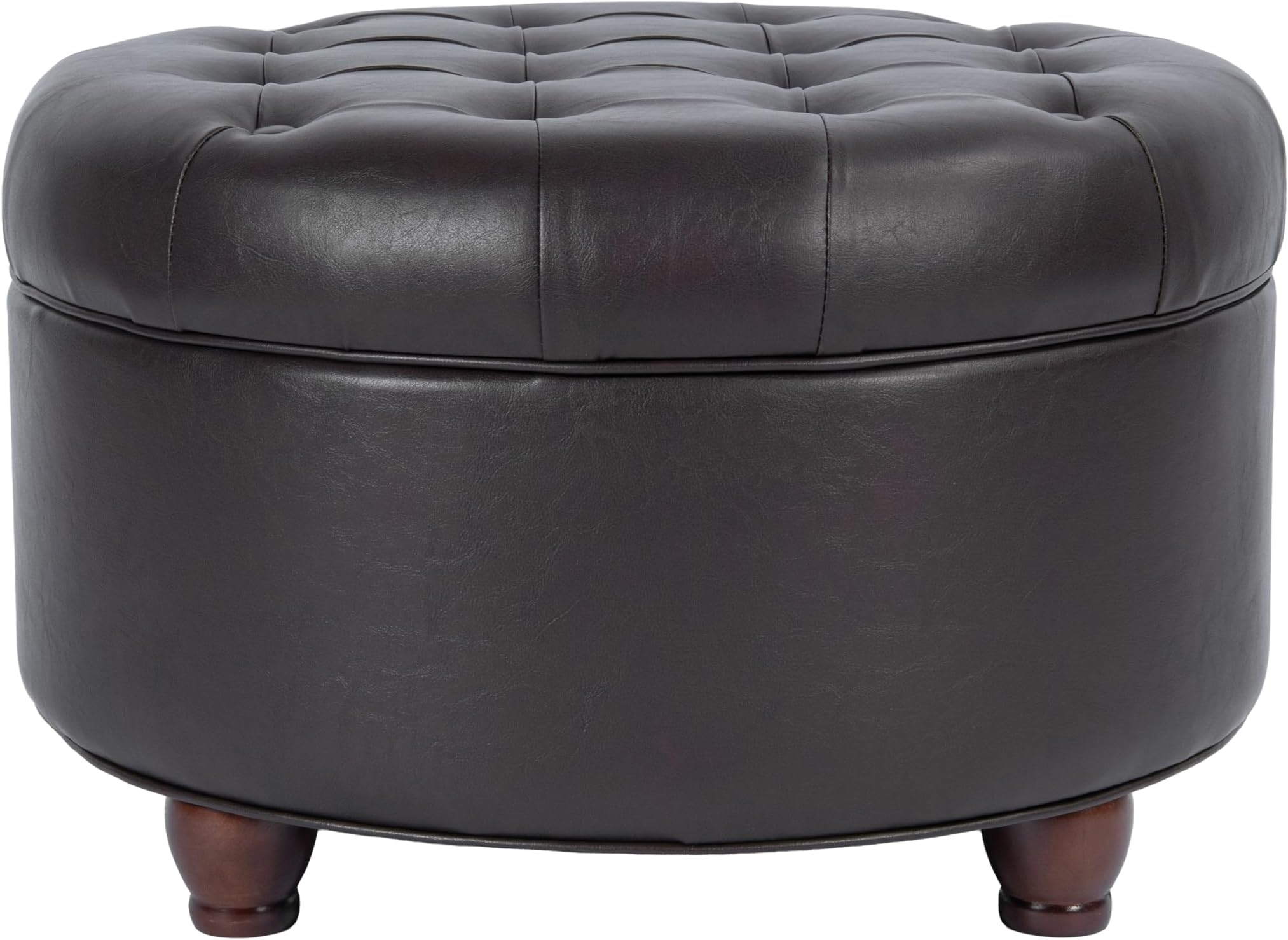 Homepop Home Decor | Button Tufted Faux Leather Round Storage Ottoman | Ottoman with Storage for Living Room & Bedroom (Distressed Brown)