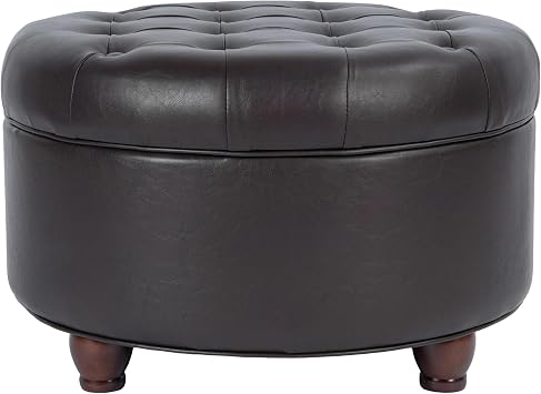 HomePop 25" Button Tufted Round Storage Ottoman - Distressed Brown Faux Leather