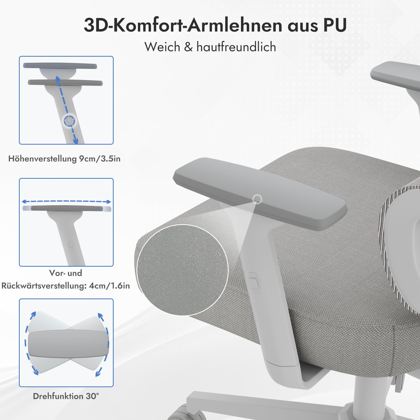 Bürostuhl Ergonomisch, Schreibtischstuhl mit 3D Armlehnen, Grau
