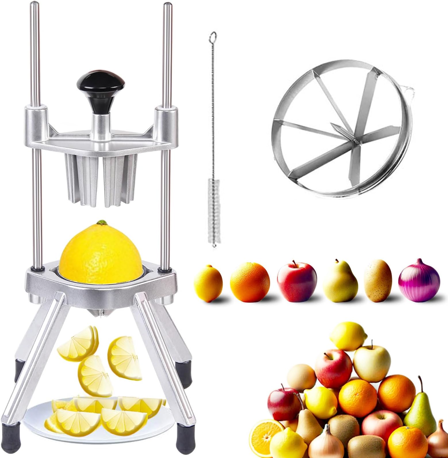 Commercial Lemon Cutter with V-Shaped 420 Stainless Steel Blades 6-Section Vegetable Machine Commercial Vegetable Chopper Dicer Lemon Cutter for Fruit Lemon Orange with One Brush Cleaner Included