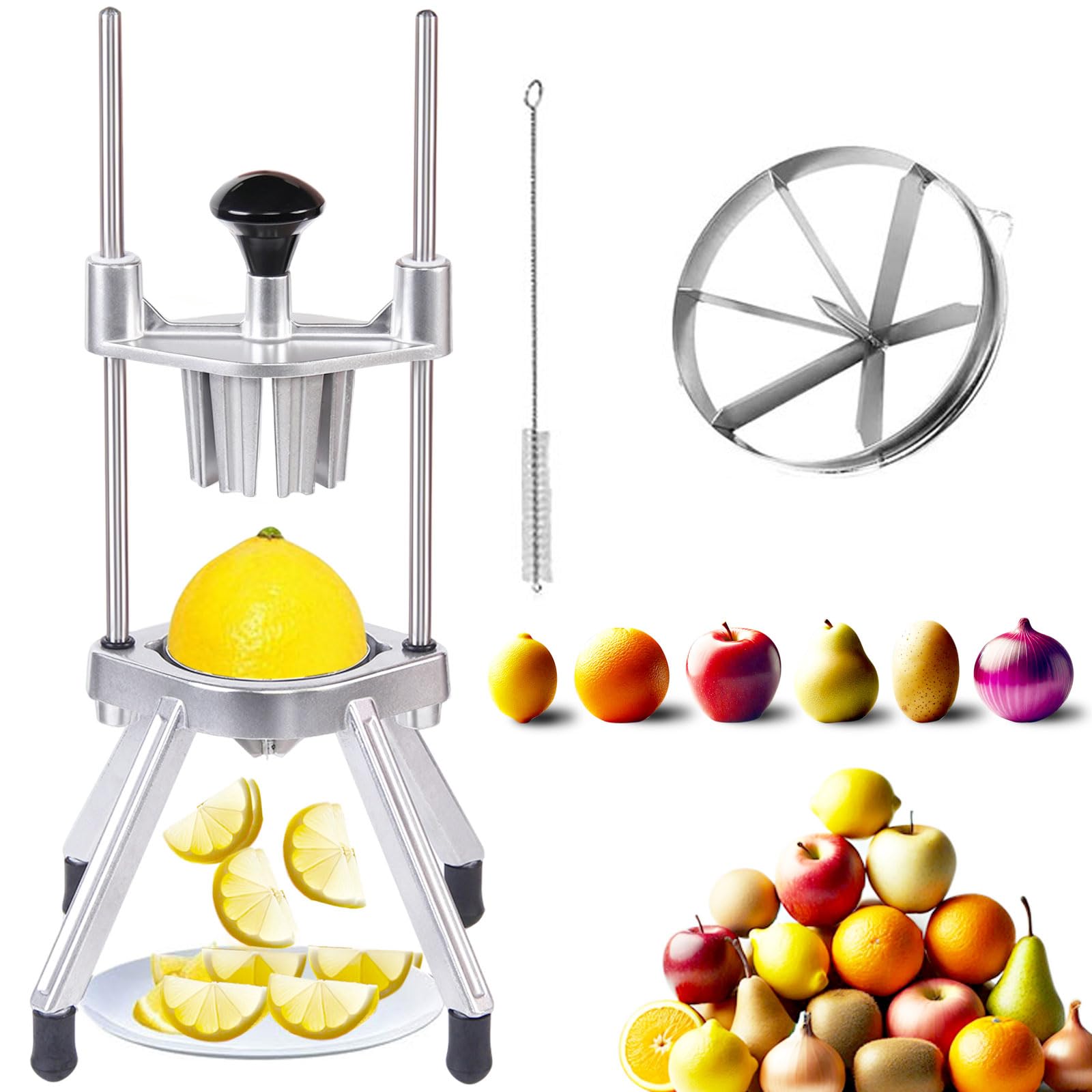 Commercial Lemon Cutter with V-Shaped 420 Stainless Steel Blades 6-Section Vegetable Machine Commercial Vegetable Chopper Dicer Lemon Cutter for Fruit Lemon Orange with One Brush Cleaner Included
