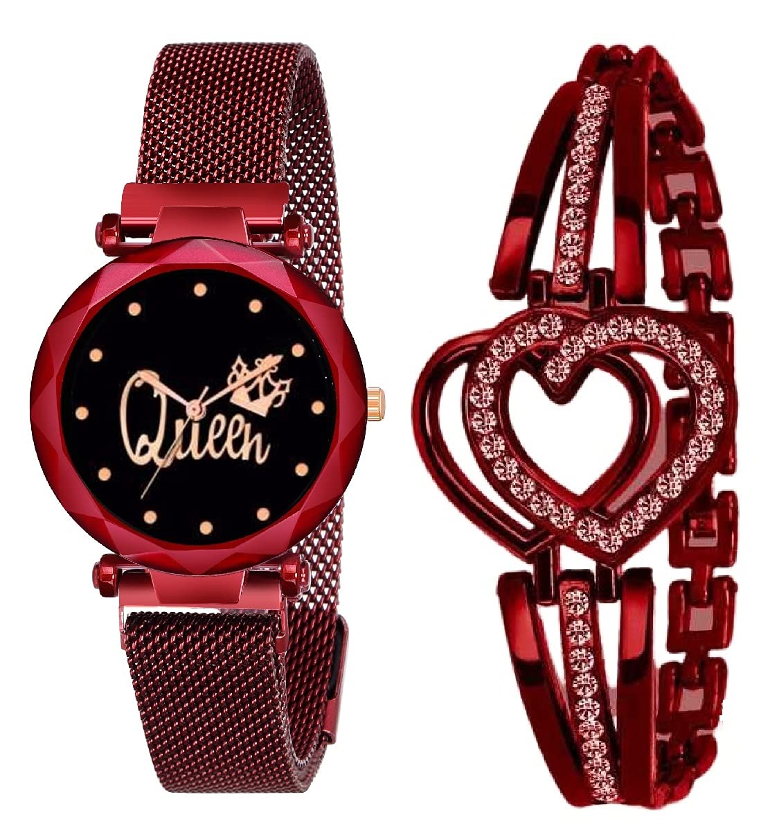 KIARVI GALLERY Clausal Queen Dial Magnet Strap Analog Watch and Duel Heart Designer Bracelet Combo for Girls and Women(Combo of 2) (Red) (B09FY3BJSX) Amazon Price History, Amazon Price Tracker