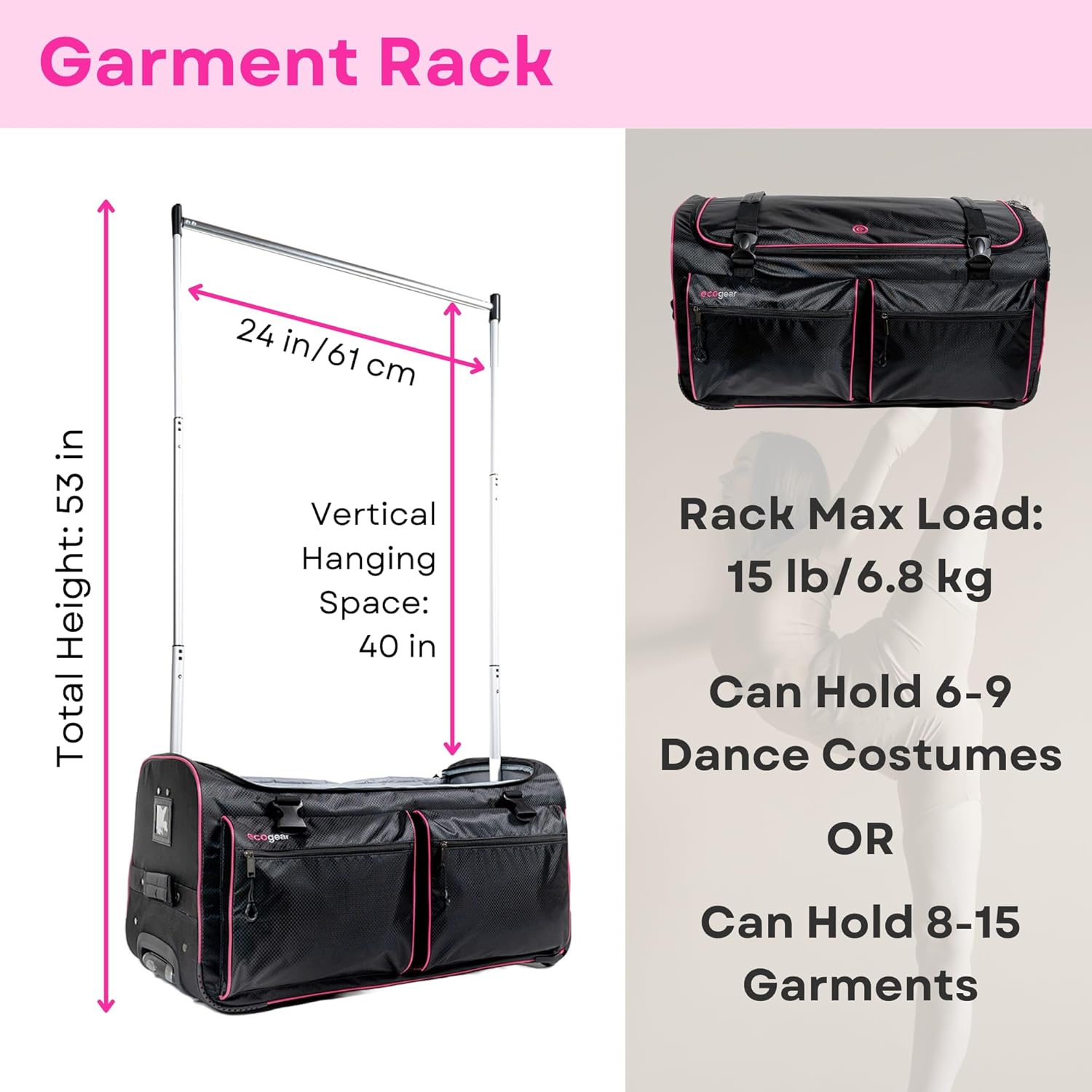 Ecogear Dance Bag with Garment Rack, 28 Inch Rolling Duffel Ideal for Dance Competition & Travel, Wheeled Upright Luggage with Easy-assembly Lightweight Aluminum Clothes Rack, Black/Pink