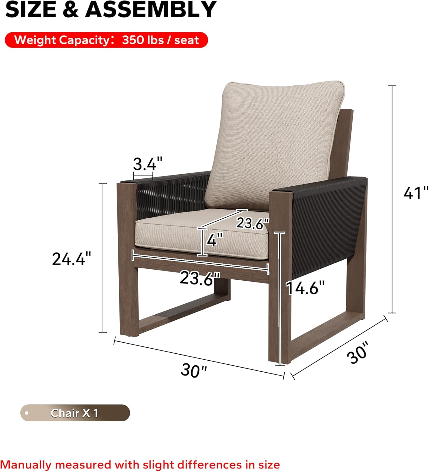 Luxury Outdoor Patio Single Chairs, High Back Upholstered Armchairs with Washable and Water Resistant Cushions, Wood and PET Rope Furniture for Bistro, Living Room, Back Porch(Beige/Brown)