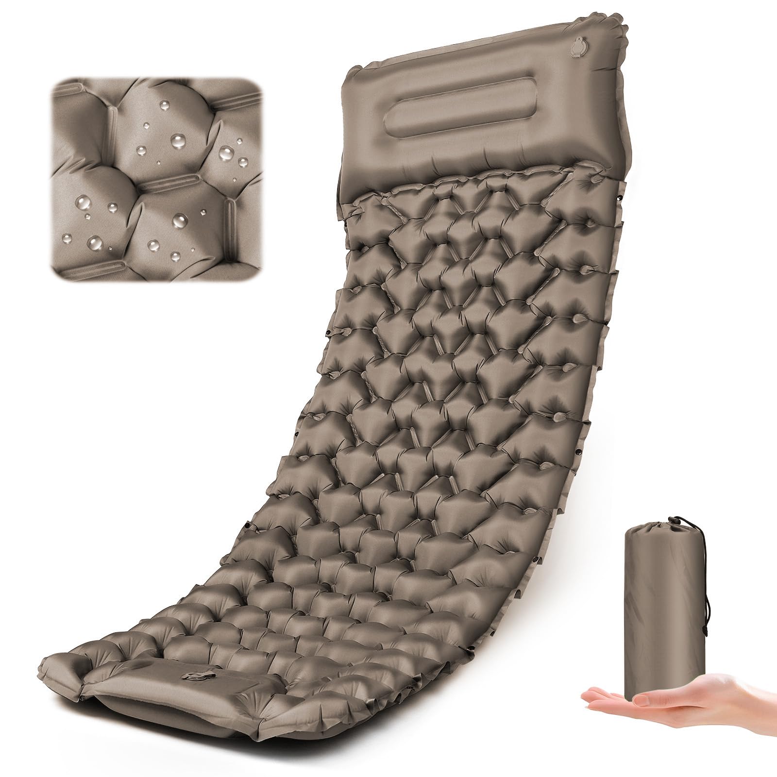 Photo 1 of [DAMAGED] Yewkoisl Camping Sleeping Pad-4" Thick, Ultralight 1.9lbs Backpacking Air Mattress with Built-in Pillow & Foot Pump, Compact Inflatable Mat for Hiking Tent Road Trip, One-Second Deflation Khaki