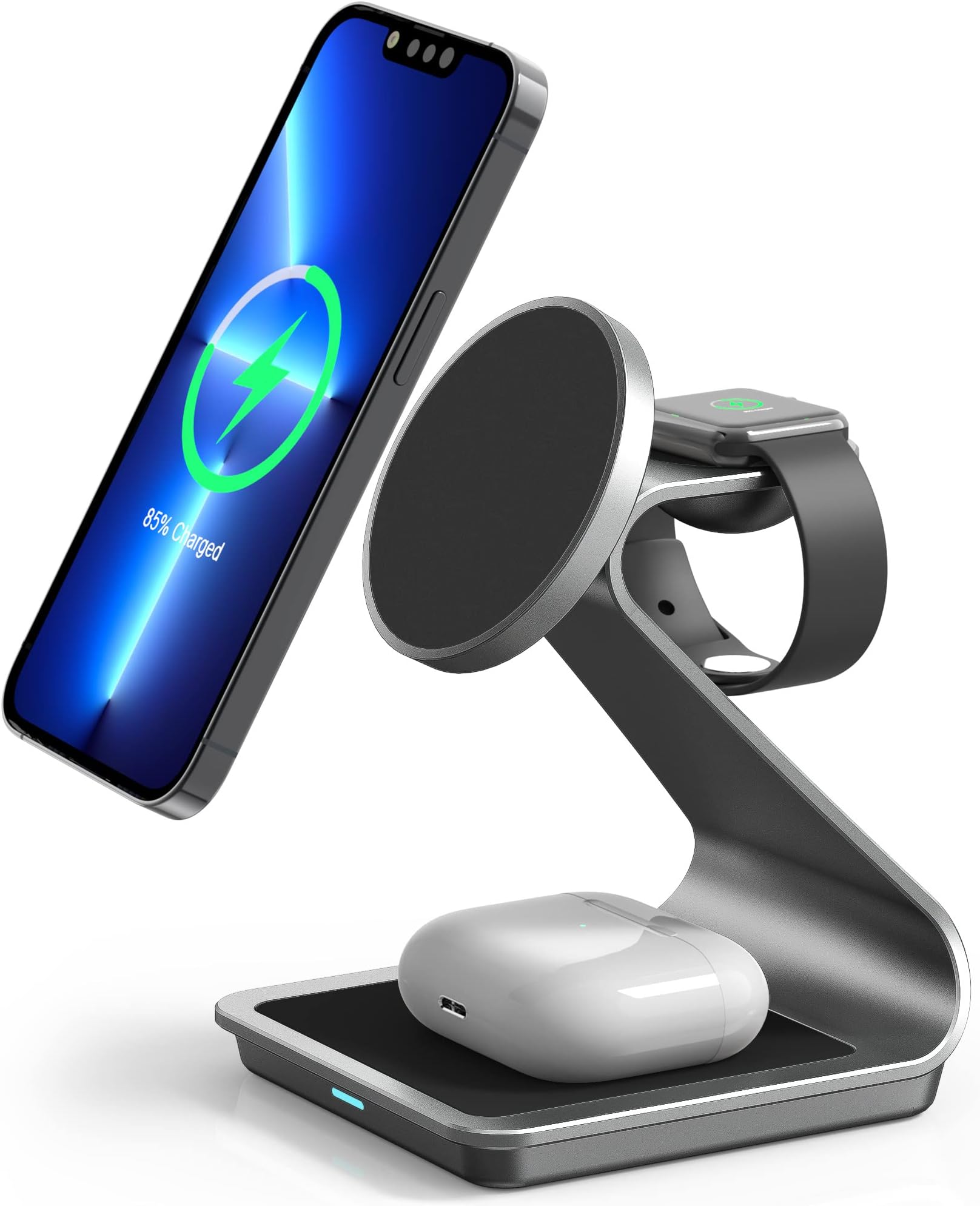 3 in 1 Wireless Charger for MagSafe, Aluminum Alloy Wireless Charging Station, Compatible with iPhone 14/13/12, Apple Watch, AirPods Pro/3/2 (Cable and Wall Charger Included) Space Gray