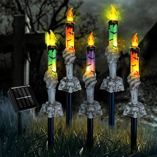 Solar Halloween Pathway Lights Outdoor 5 Pack Solar Halloween Stake Lights Skeleton Hands Hold Candle 2 Modes Halloween Decorations Halloween Walkway Lights for Halloween Garden, Yard, Lawn Decor