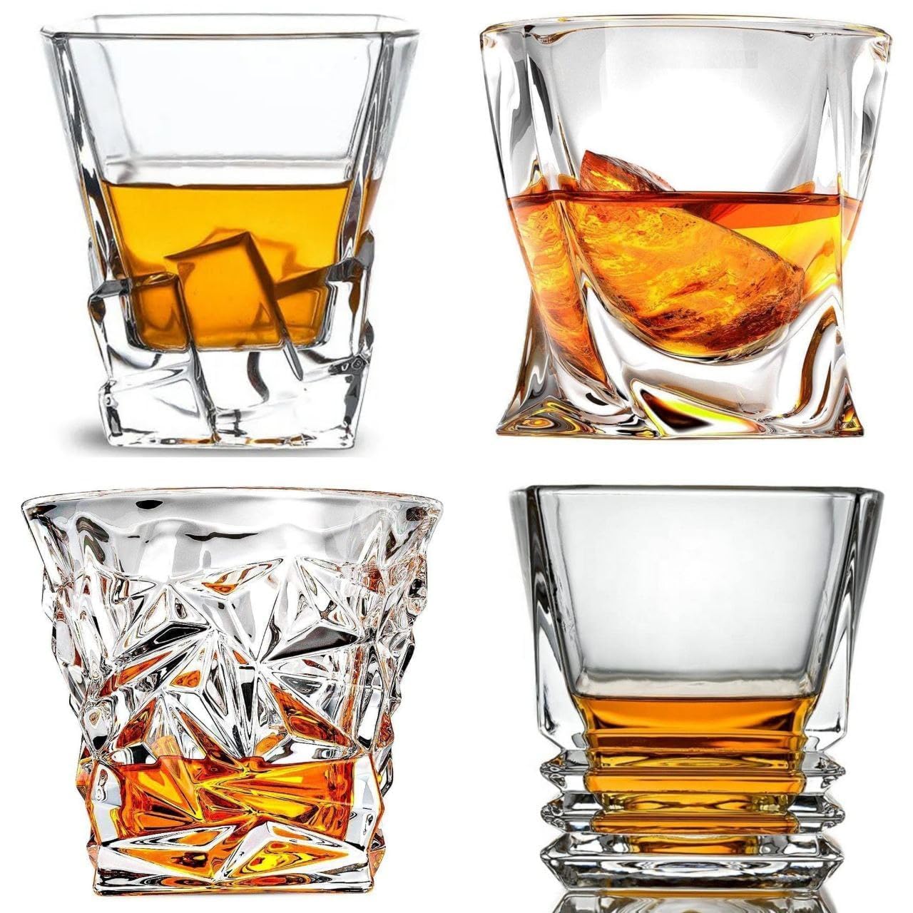 Crystal Whiskey Glass 300 ML, Set of 4 Different Shape with Bottom Rocks Barware Diamond Glass Scotch, Brandy Glass and Cocktail Drinks for Wine, Whiskey, Moktail, Beer Glasses