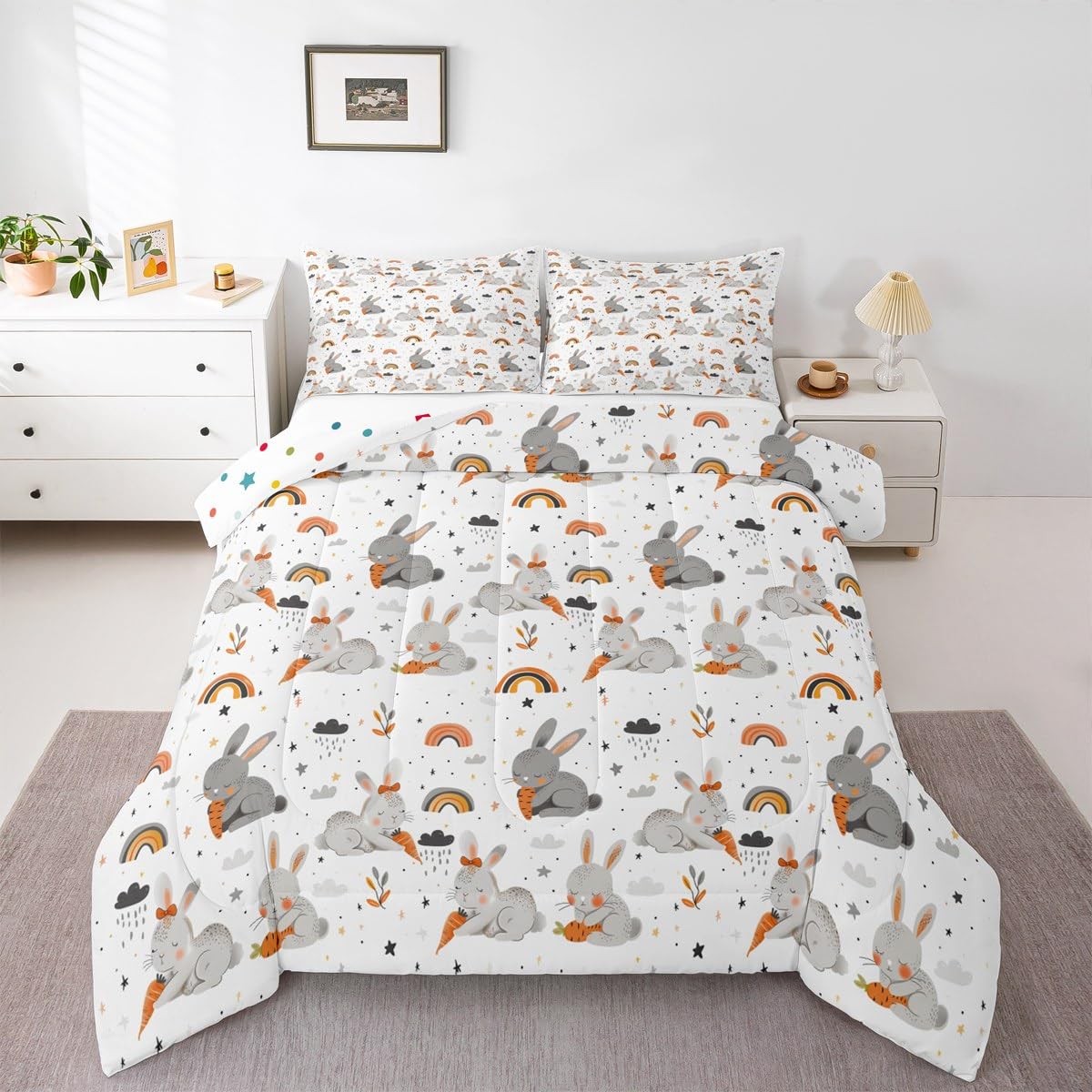 Cartoon Rabbit Comforter Set Toddler Size Watercolor Rainbow Clouds Bedding Set Bedroom Decor Cute Carrot Fruit Quilt Set for Kids Boys Girls Lovely Animal Print Duvet Insert 2Pcs