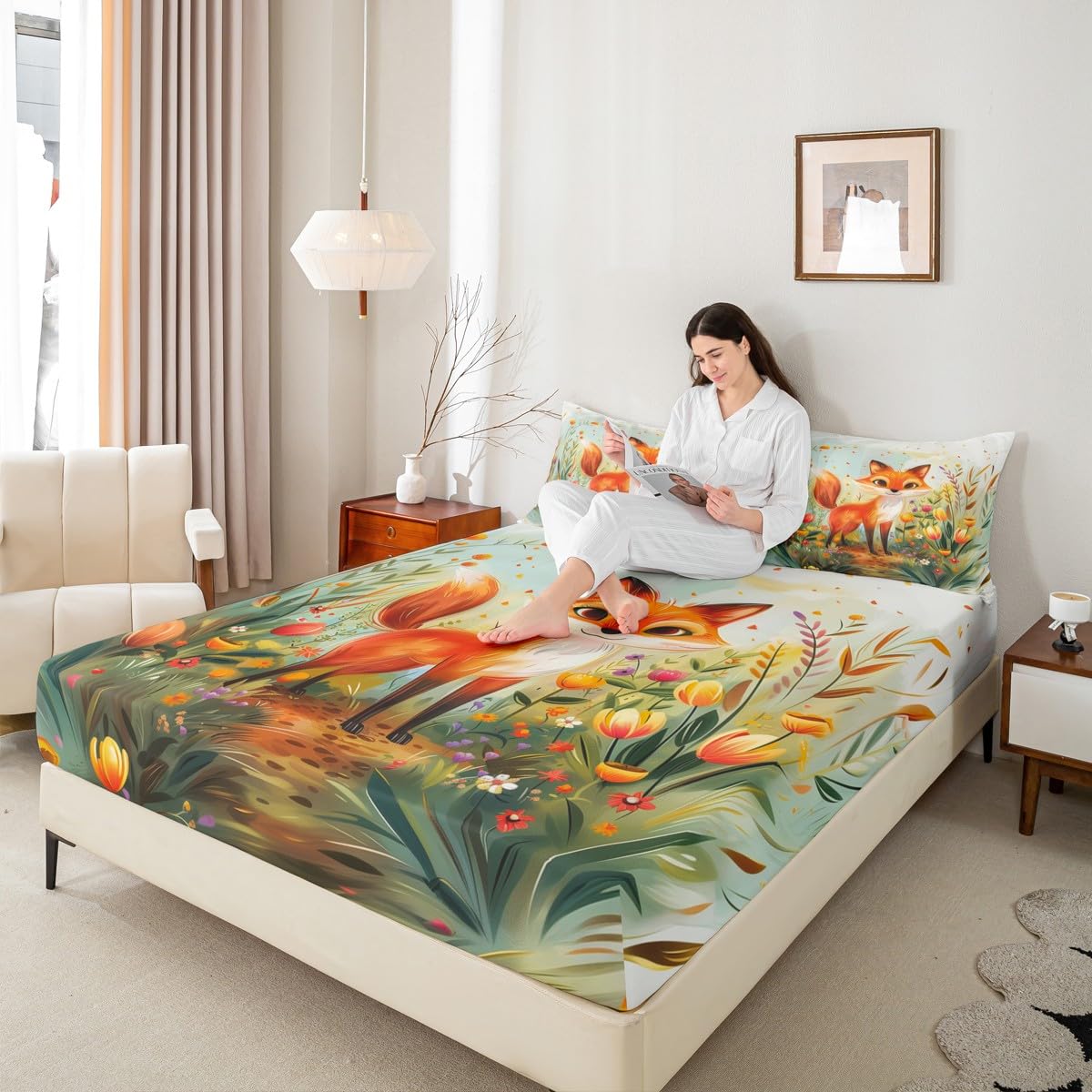 Watercolor Flowers Bedding Set Full Size,Cute Animals Fitted Sheet No Top Sheet,Cartoon Fox Sheet Set for Kids Teens Adults Bedroom Decor,2 Pillowcases