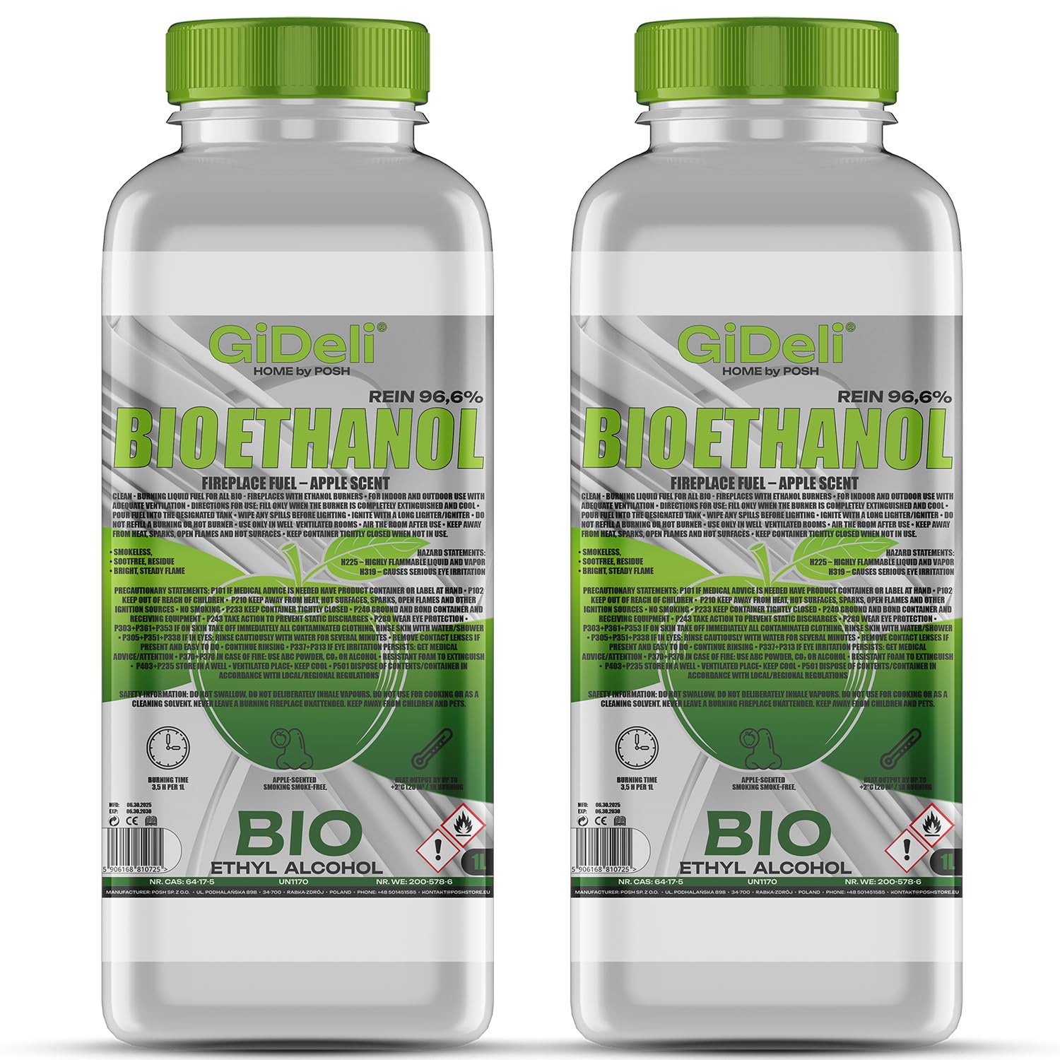 GiDeli bioetanol 2 x 1 l zapach jabłkowy 96,6% etanol do kominków wewnętrznych i zewnętrznych bez dymu i sadzy – z kukurydzy i buraków cukrowych