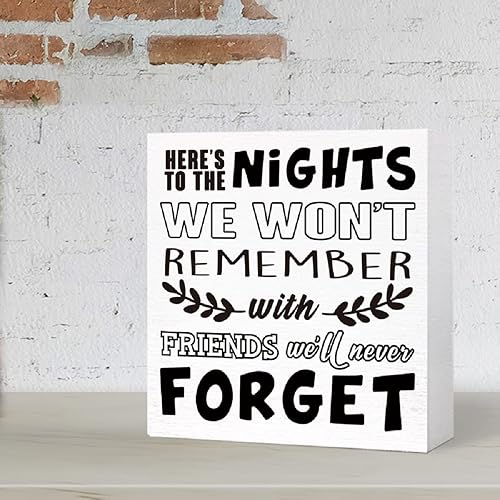 Miniatura 6 de Decoración de campamento divertido letrero rústico con texto en inglés Here's to the Nights We Won't Rememember, letrero de bloque de madera,