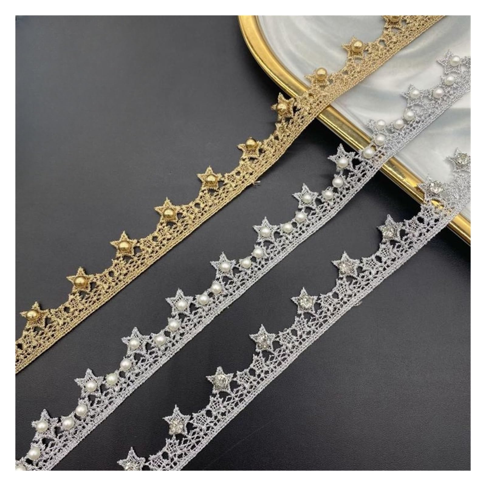 Puntilla De Encaje Con Strass En Forma De Flor Adorno de encaje bordado con cuentas estrella dorada y plateada 5 yardas
