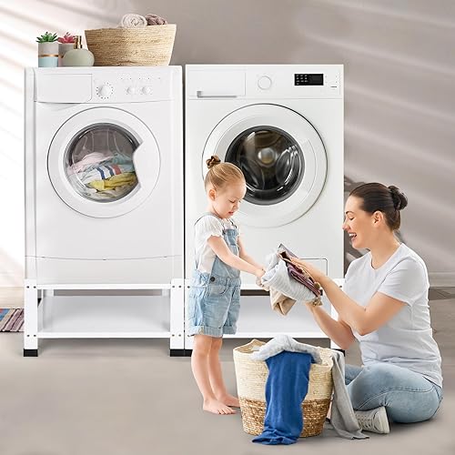 Miniatura 7 de Paquete de 2 pedestales de lavandería de 28 pulgadas de ancho para lavadora y secadora, pedestal de metal resistente, soporte para mini