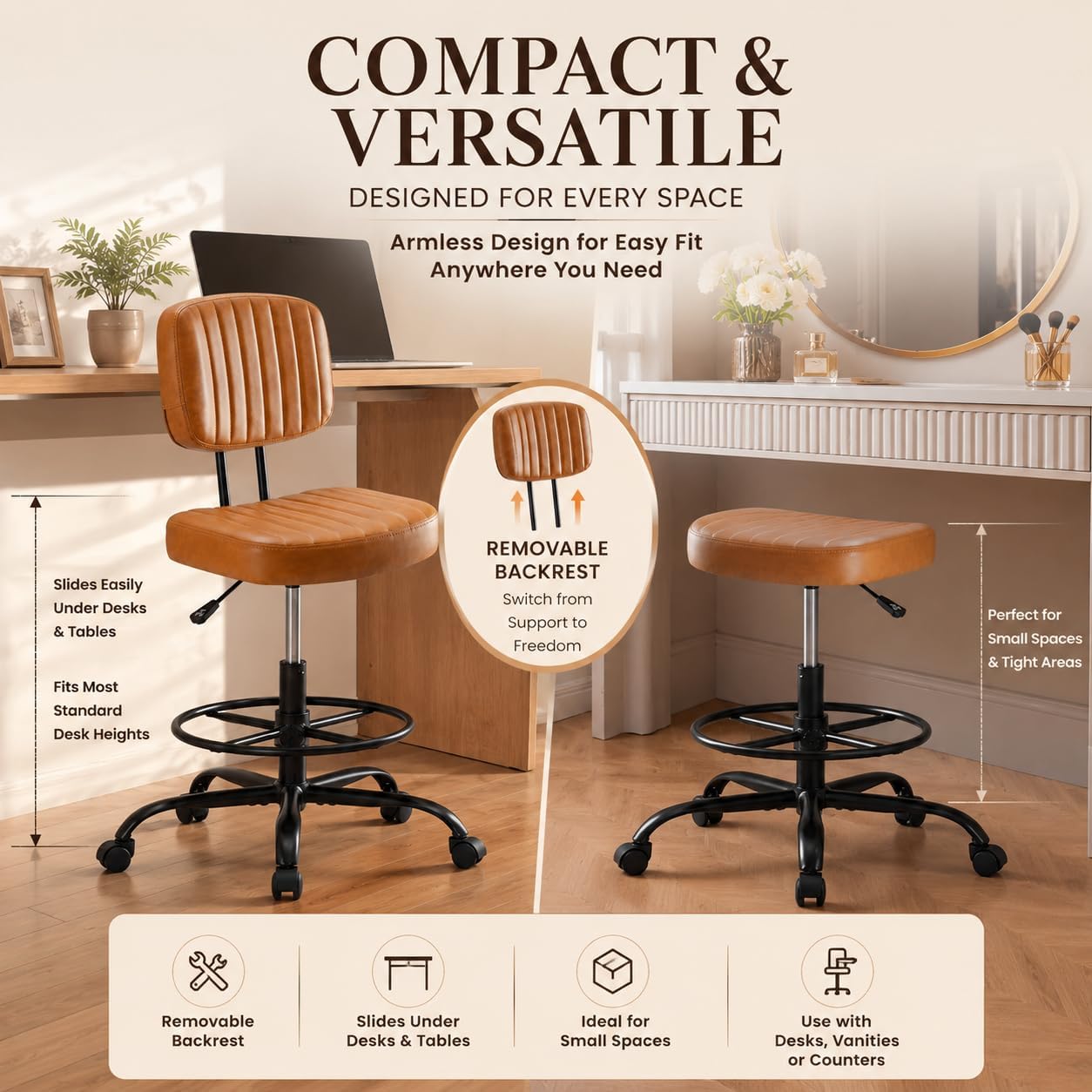 Simple Deluxe Armless Drafting Chair, Low Back PU Leather Office Seat with Footrest Ring, Swivel Rolling Stool for Standing Desk, Studio, Lab, Counter and Small Spaces, Brown