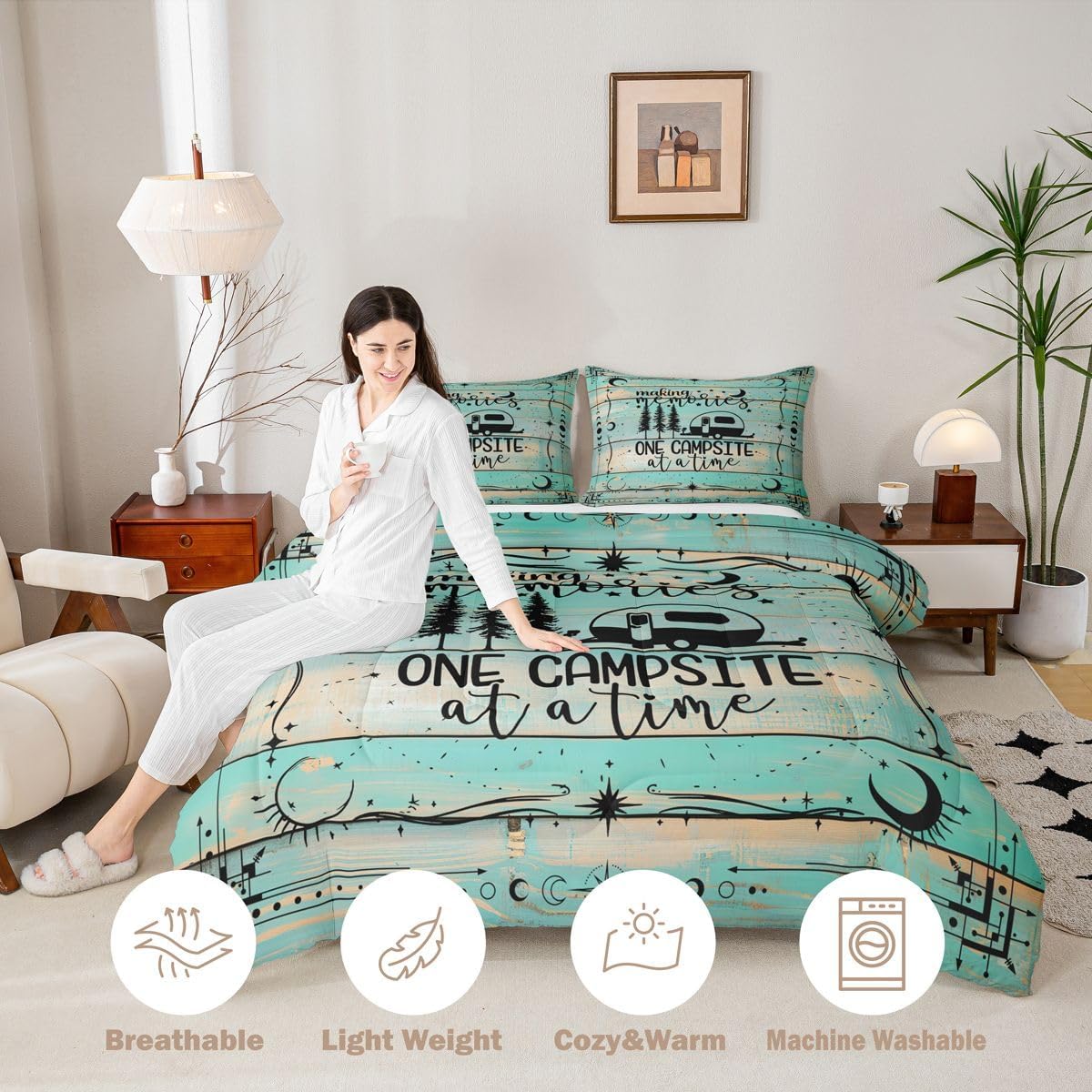 Erosebridal Rv Camper Comforter Set Queen Size, Happy Camping Quilt Country Rustic Farmhous Bedding Set for Kids Boys Teens,Vintage Wooden Barn Door Bedding Comforter Sets with 2 Pillow Cases, Green