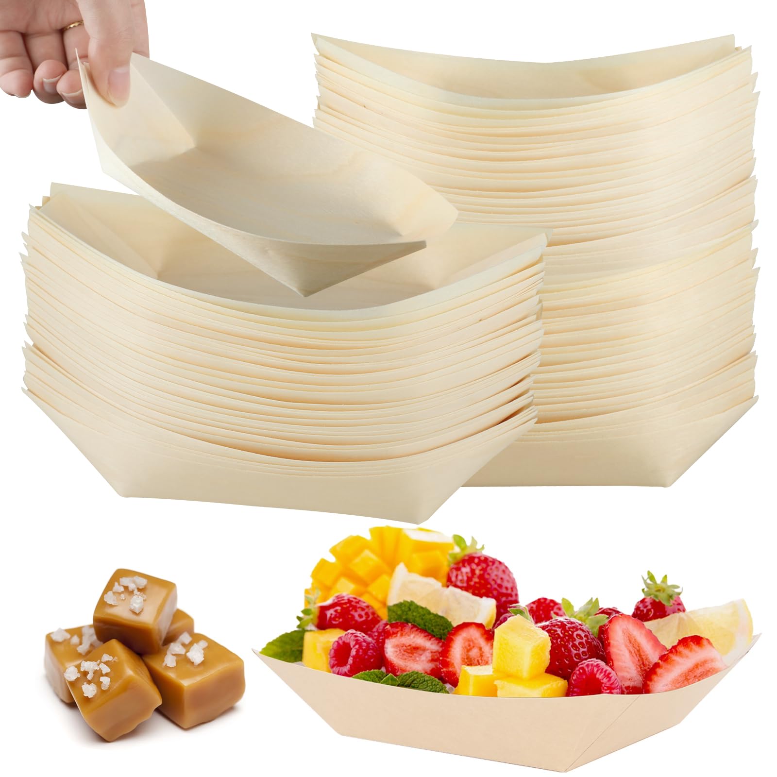 100 ciotole per finger food in legno (17 cm), per snack, monouso, biodegradabili, per snack, insalata, sushi e feste a buffet, ideali per adulti e bambini