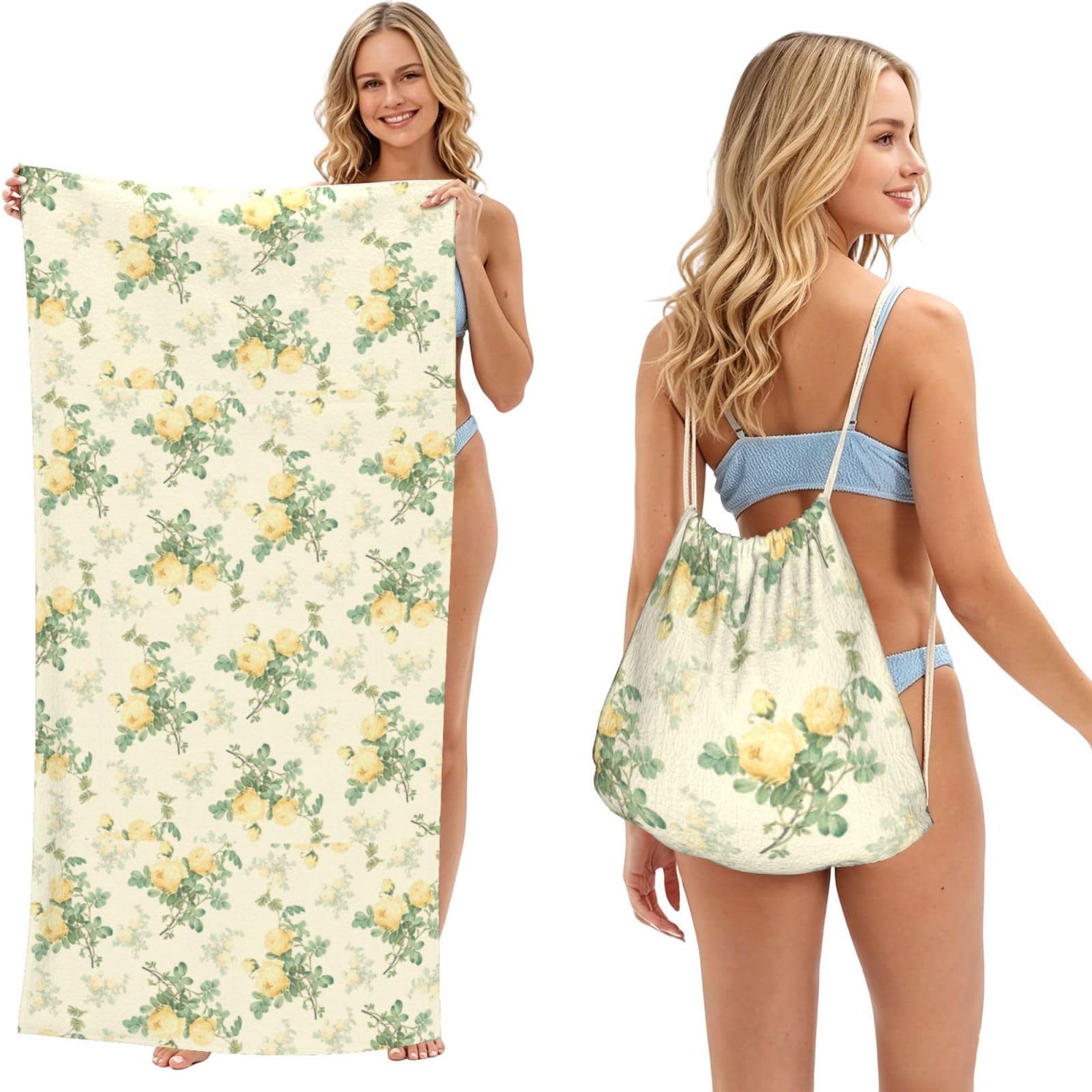 Poadnly As Picture Shabby Chic Decor Floral, 2 In 1 Packable Towel Bag, Beach Towels With Drawstring Backpack For Travel Holiday Camping