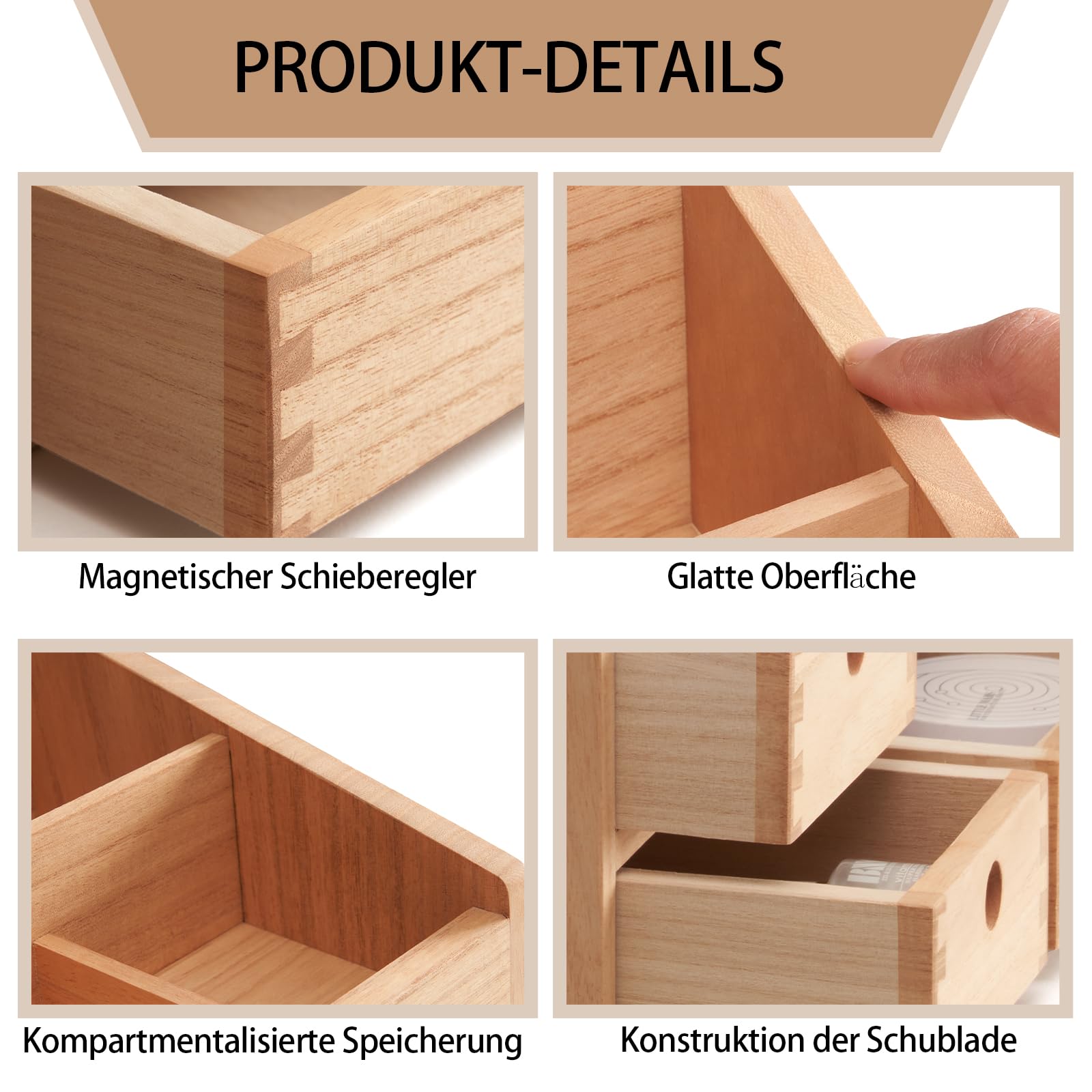 KIRIGEN Kosmetik-Organizer Holz, Schubladenbox, Make-up-Organizer, Natur | 3 Schubladen, 8 Fächer; fertig montiert; Zapfenverbindungen; Pflanzenöl; 38 × 27 × 17,8 cm