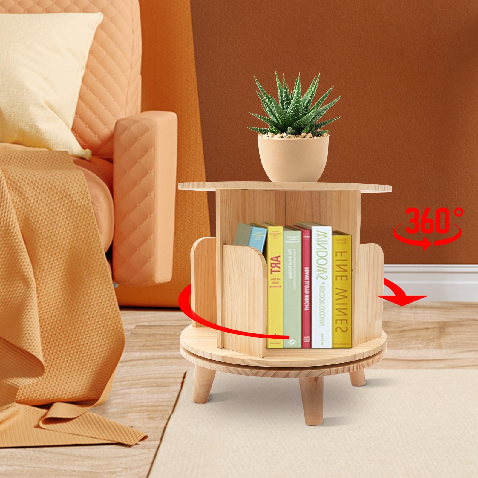 Libreria girevole in legno massello con display a 360 gradi, scaffale multifunzione con base e 4 scomparti, scaffale girevole in legno per libri
