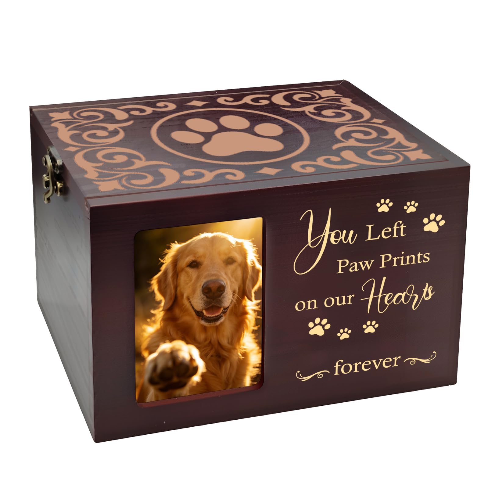 GLASSWINDS Pet Urns for Dog & Cat Ashes, Wooden Cremation Urn Memorial Keepsake Box with Photo Frame, Large Sympathy Remembrance Gift with Flannel Lining(Paw Print)